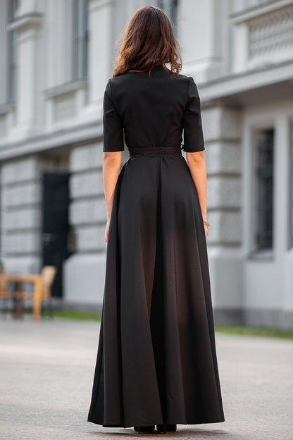 Black classic maxi dress with circle skirt and separated belt – GUNTINA
