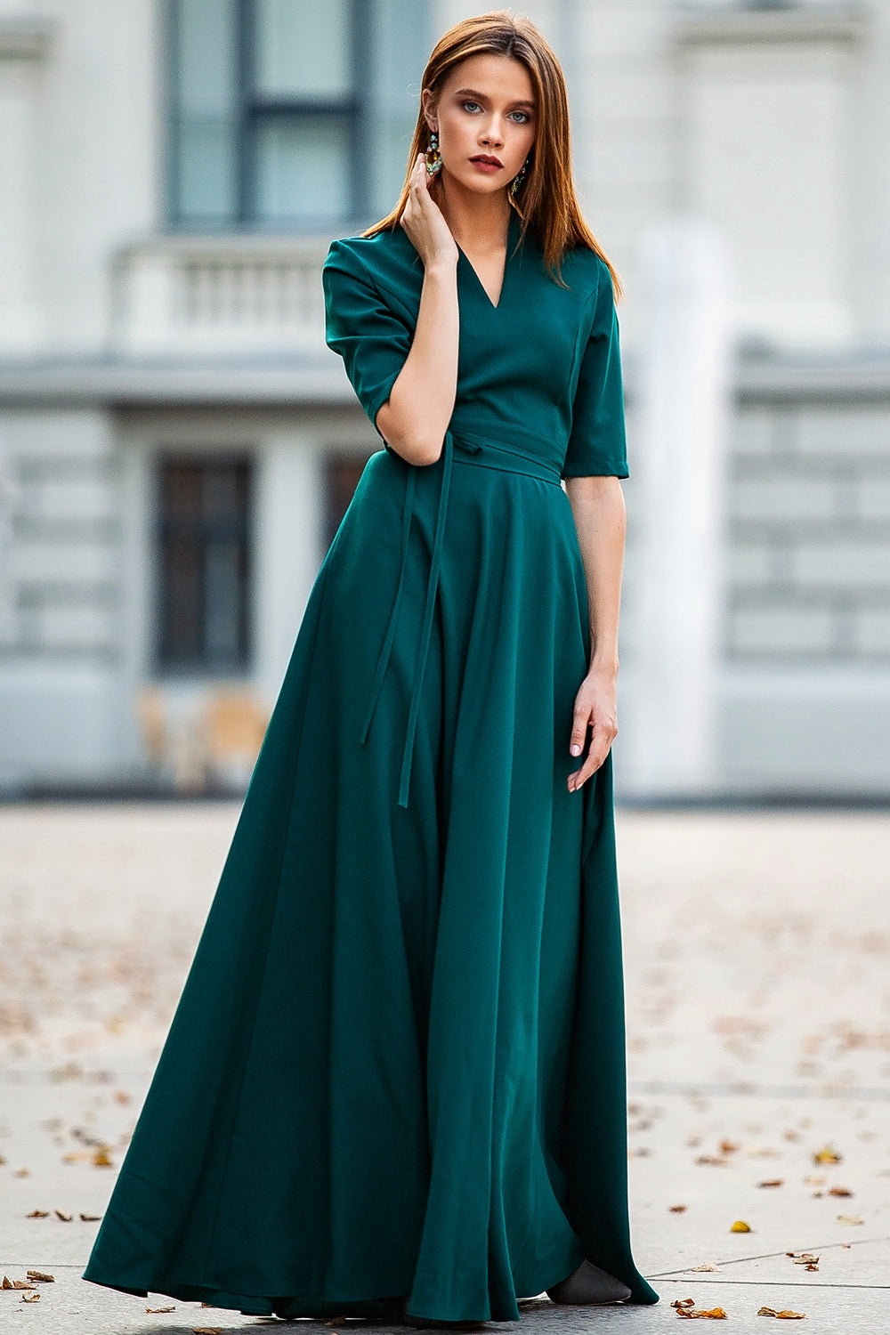 Classic dark green maxi dress with circle skirt and separated belt GUNTINA Classic dark green maxi dress with circle skirt and separated belt GUNTINA