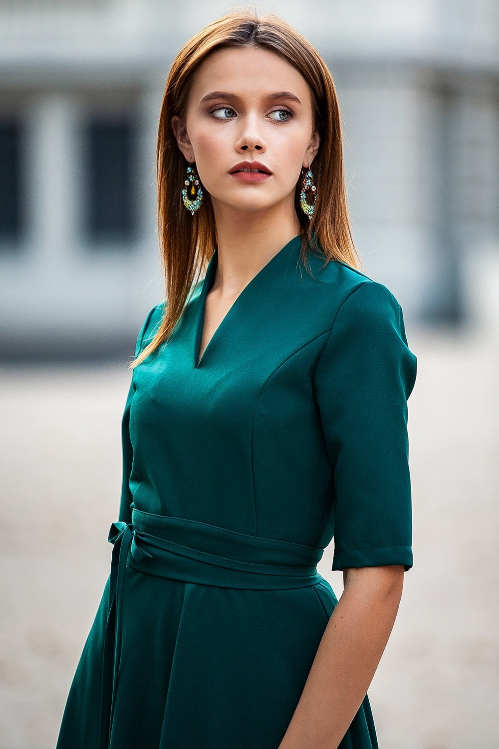 Classic dark green maxi dress with circle skirt and separated belt GUNTINA Classic dark green maxi dress with circle skirt and separated belt GUNTINA