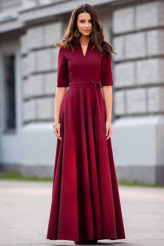 Classic dark red maxi dress with circle skirt and separated belt