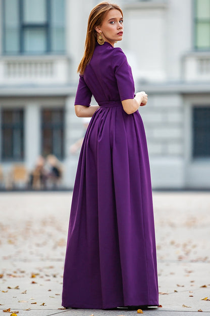 Dark purple classic maxi dress with pleats and separated belt GUNTINA Dark purple classic maxi dress with pleats and separated belt GUNTINA