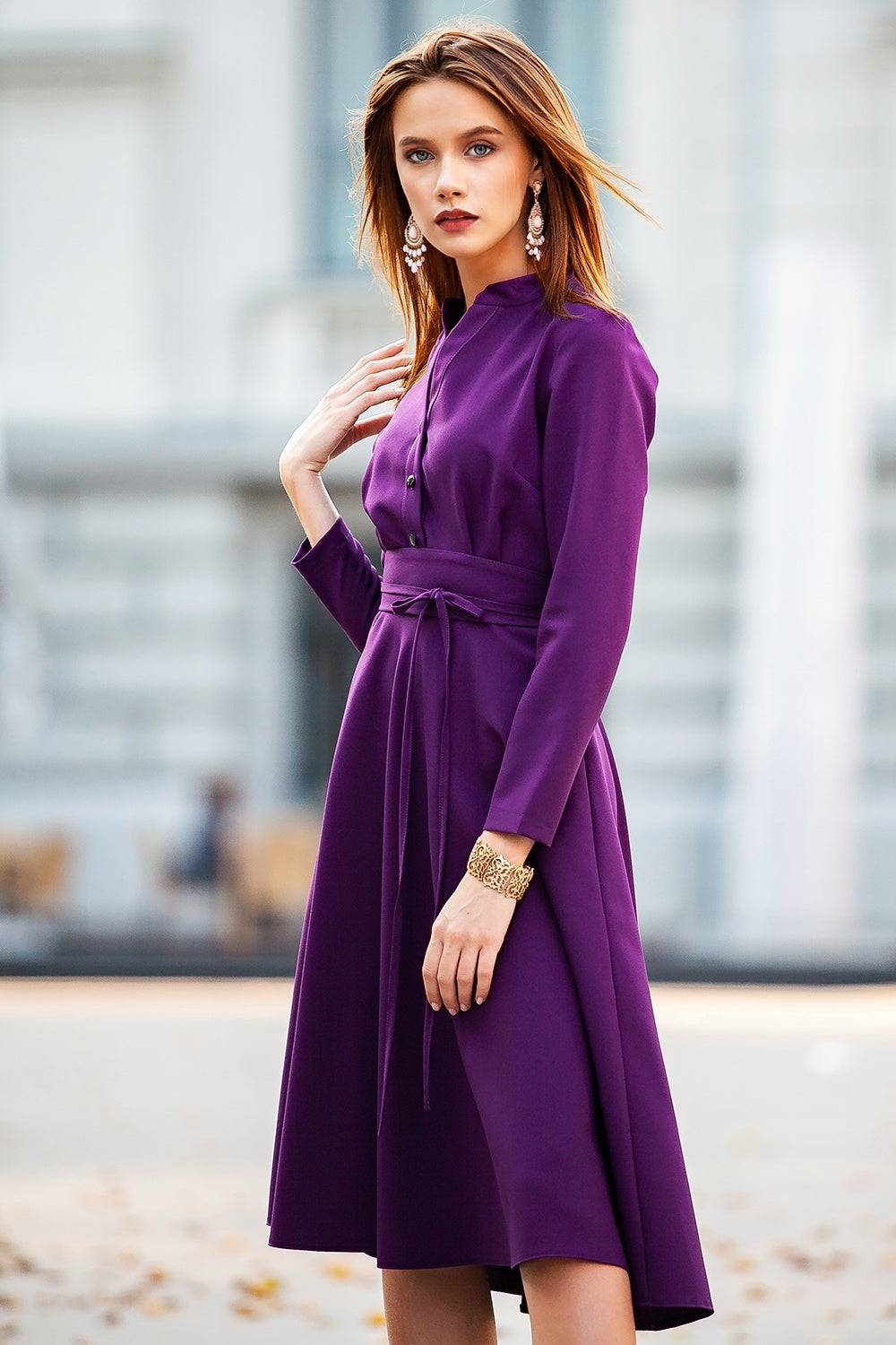 Dark purple dress with collar and front buttons GUNTINA Dark purple dress with collar and front buttons GUNTINA