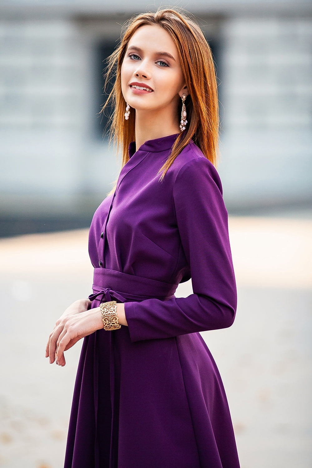 Dark purple dress with collar and front buttons GUNTINA Dark purple dress with collar and front buttons GUNTINA