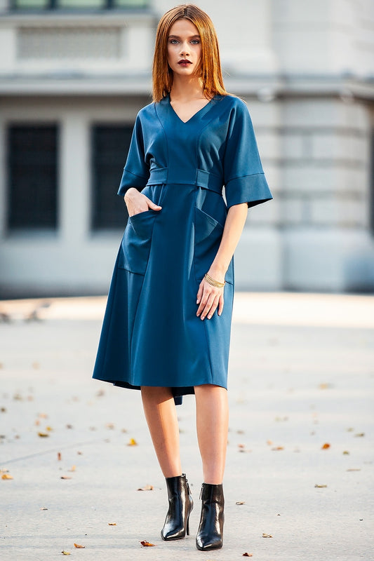 Midi dark blue green dress with belt and side pockets