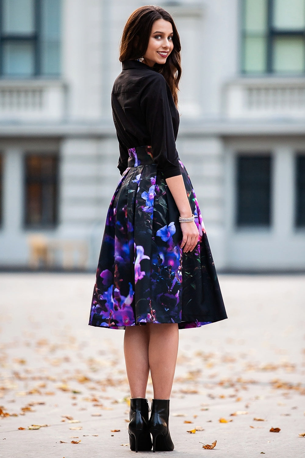 Midi skirts with purple flower print