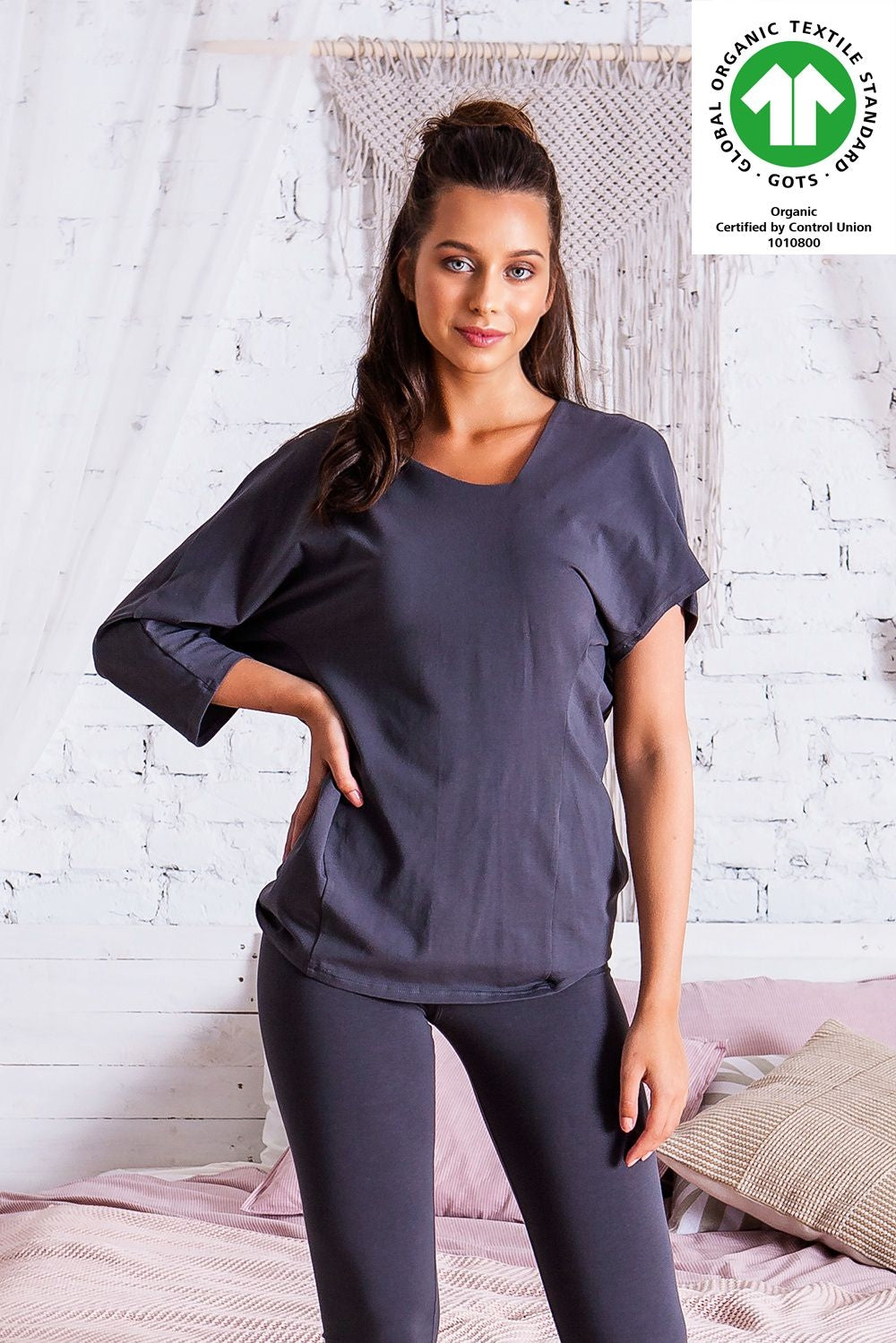 Organic cotton top with asymmetrical shape in grey colour