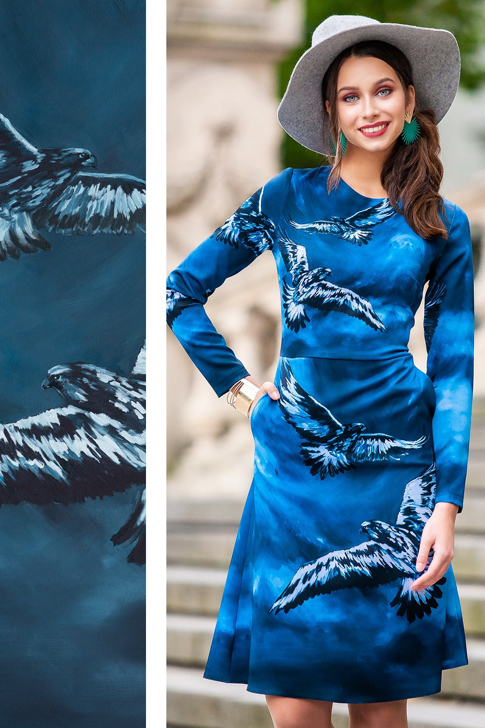 Kleid mit aufgemaltem blauem Adler-Print 