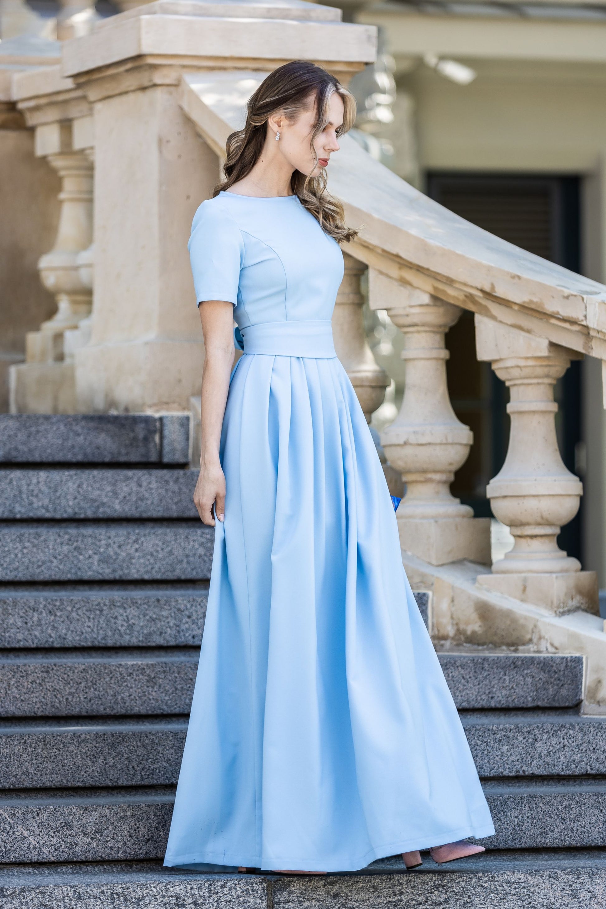 Light Blue maxi long dress with pleats GUNTINA Light Blue maxi long dress with pleats GUNTINA