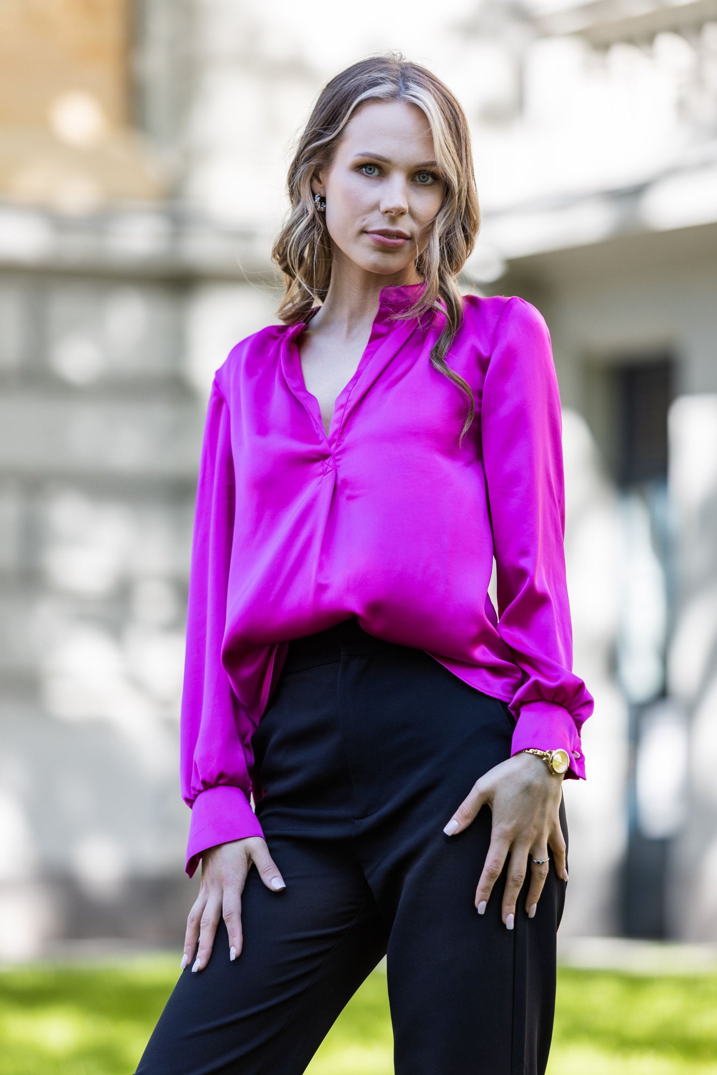 Fuchsia pink satin blouse with V cut