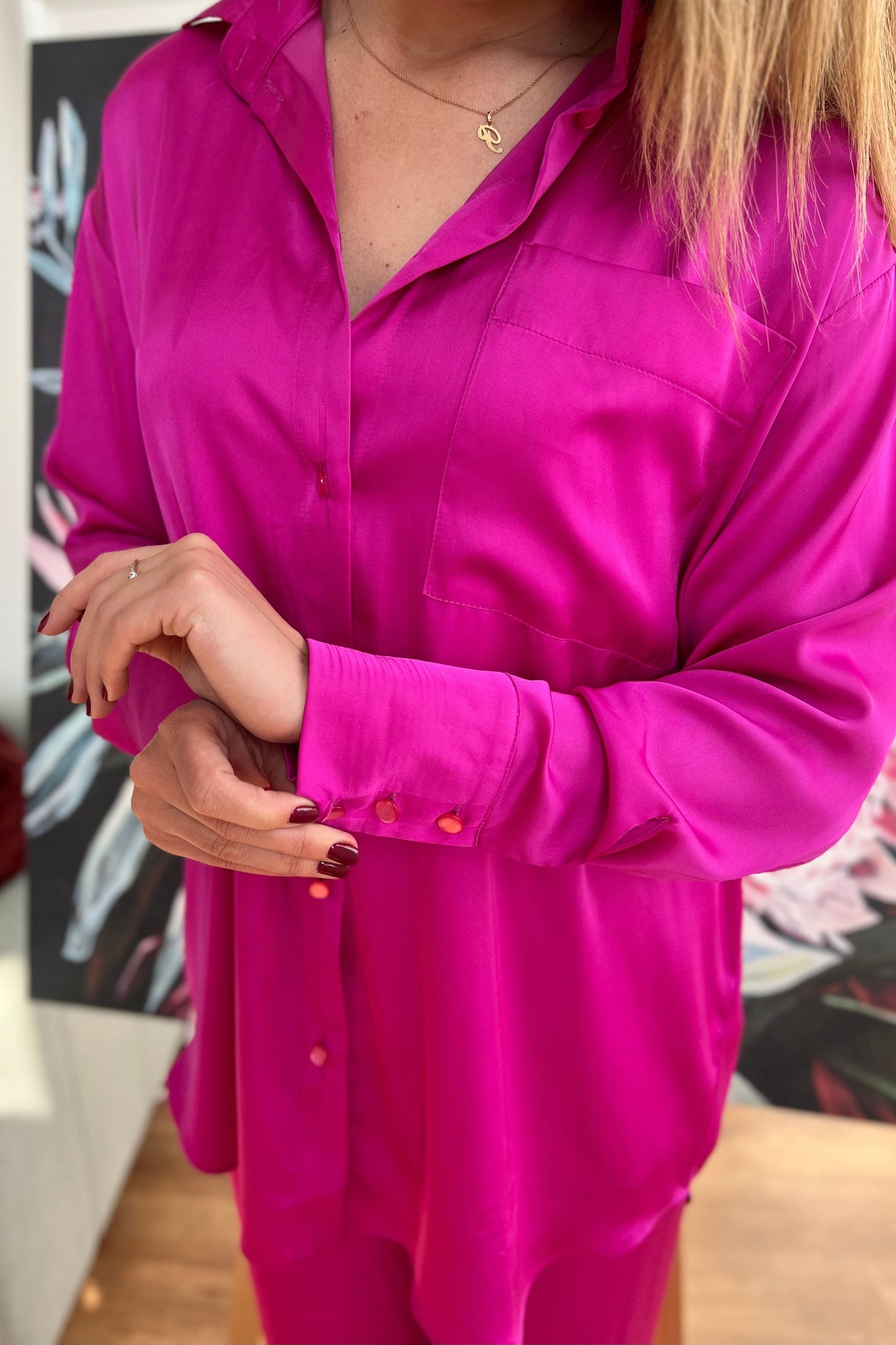 Fuchsia pink satin blouse