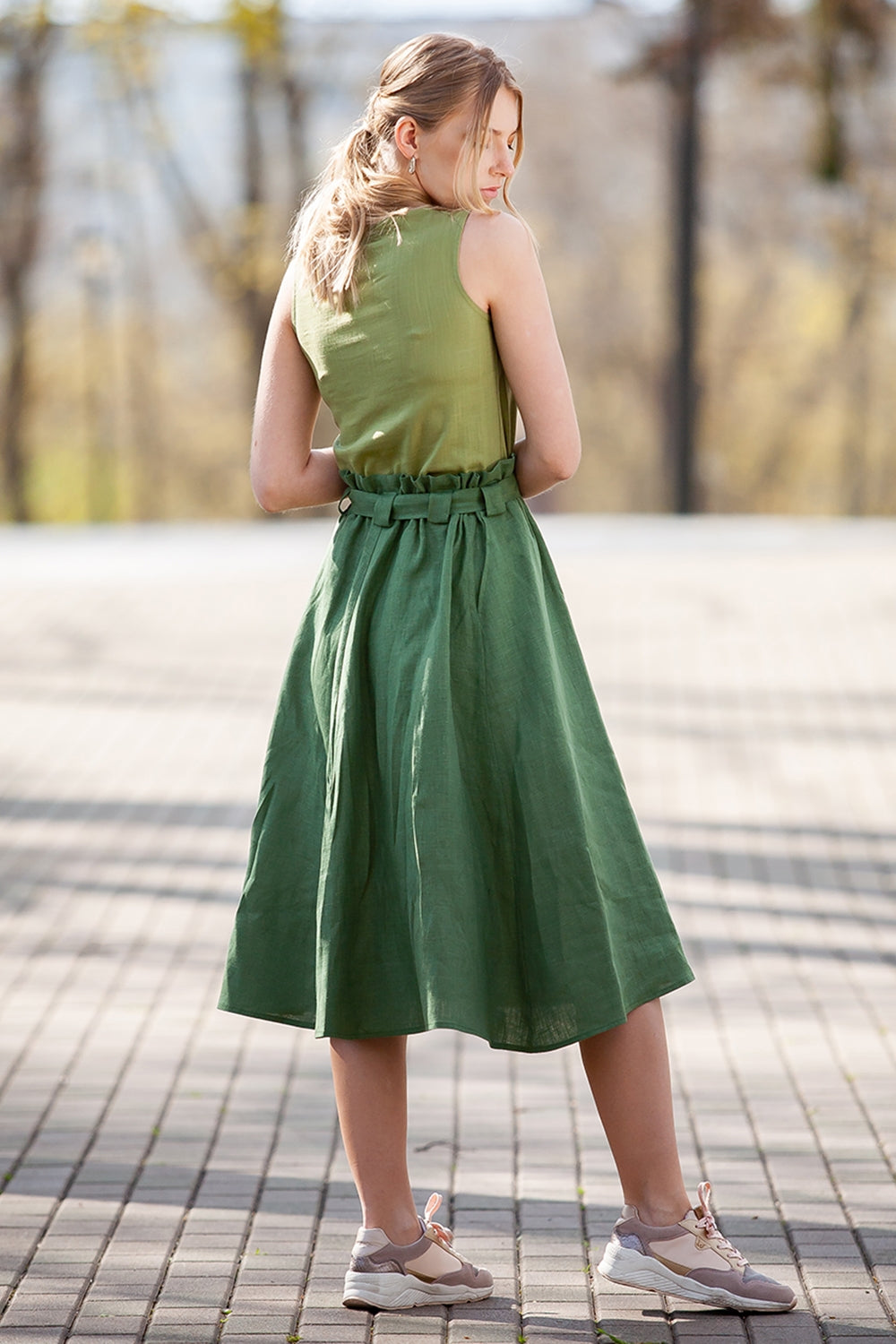 Dark green linen skirts with side pockets