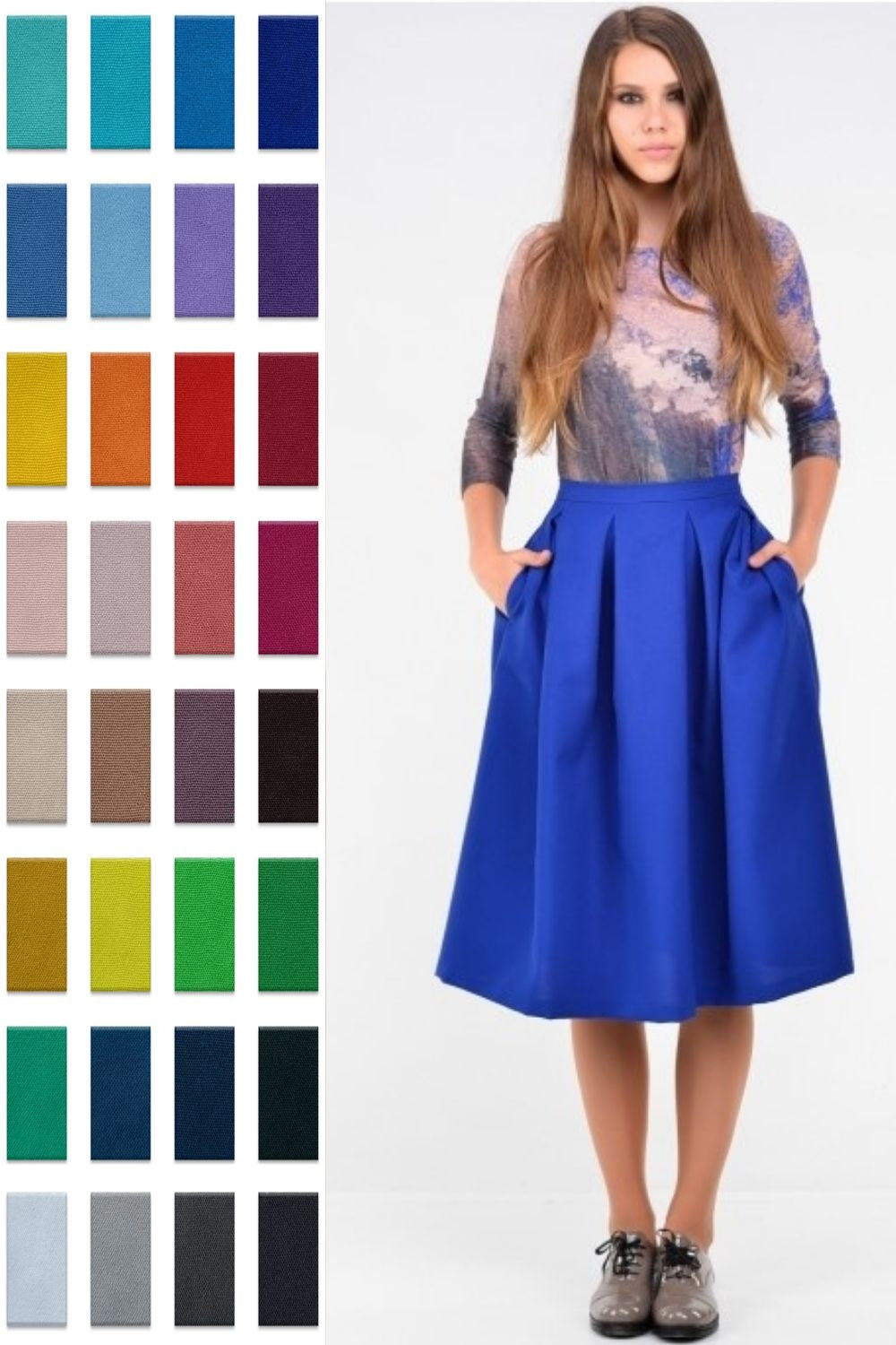 Pleated midi skirts with pockets in many colors