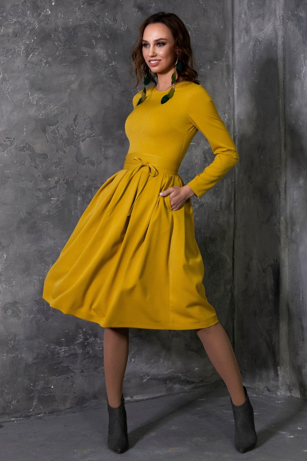 knee length mustard yellow dress Yellow Fit & Flare Dress with Pockets