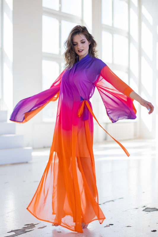Kimono dress made of chiffon fabric with color transition