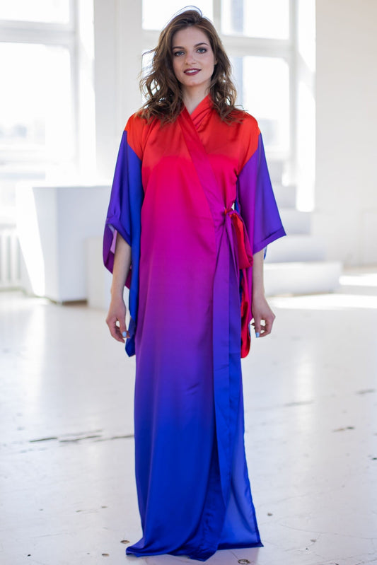 Satin kimono dress with color transitions in purple and red