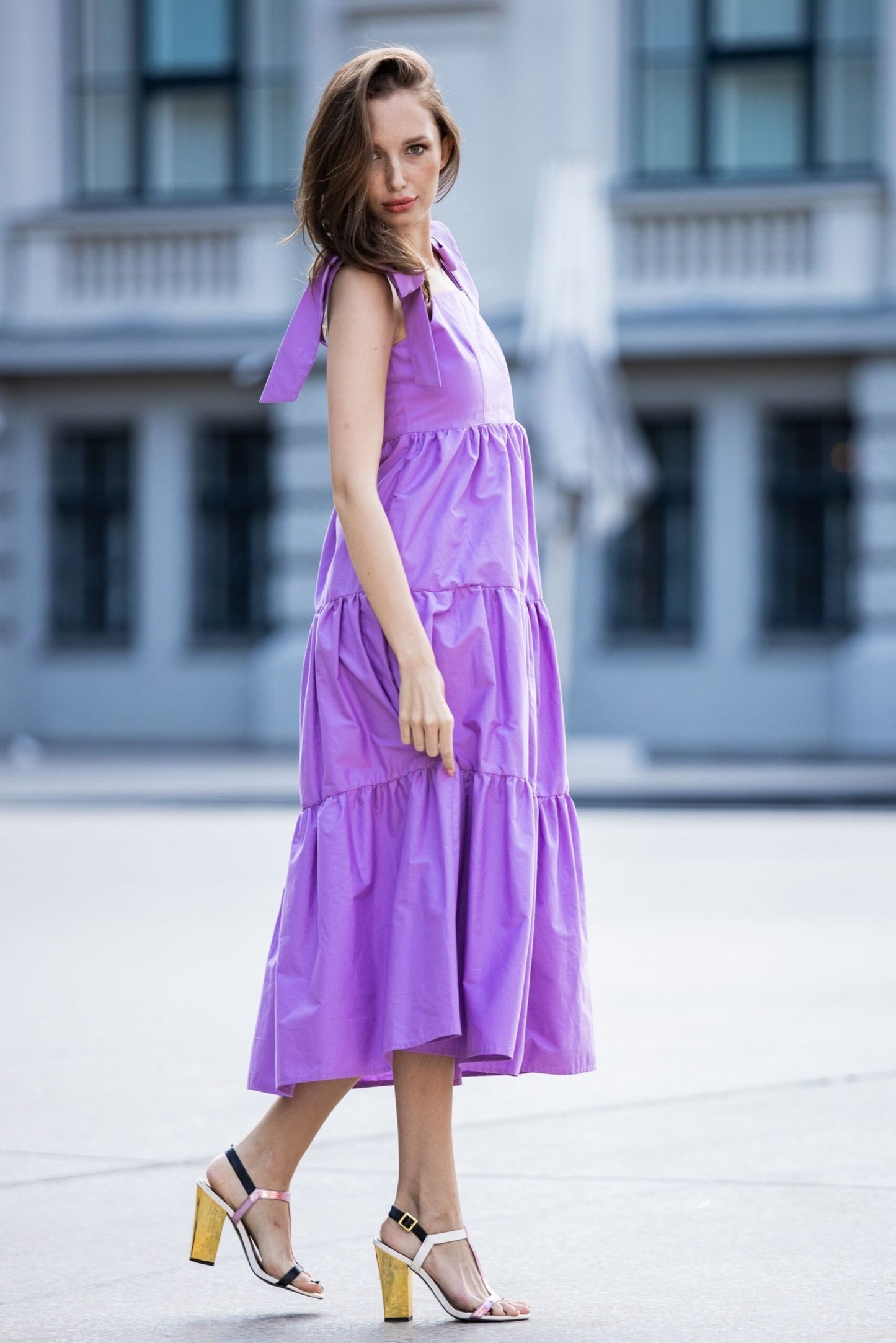 Purple cotton dress with bows