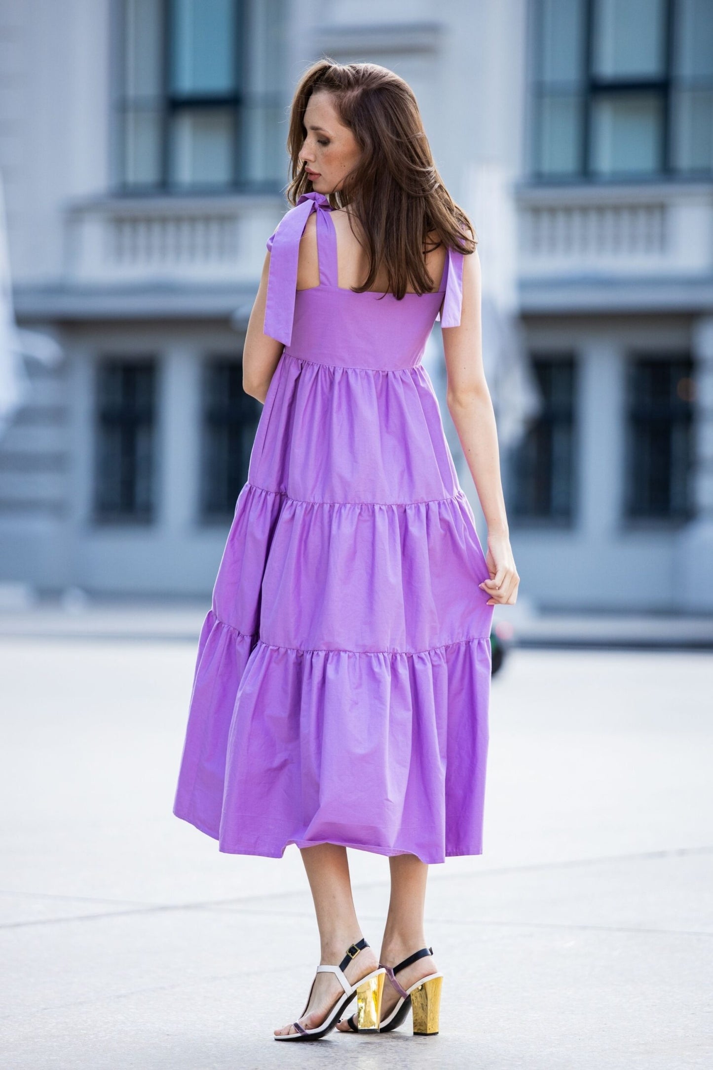 Purple cotton dress with bows