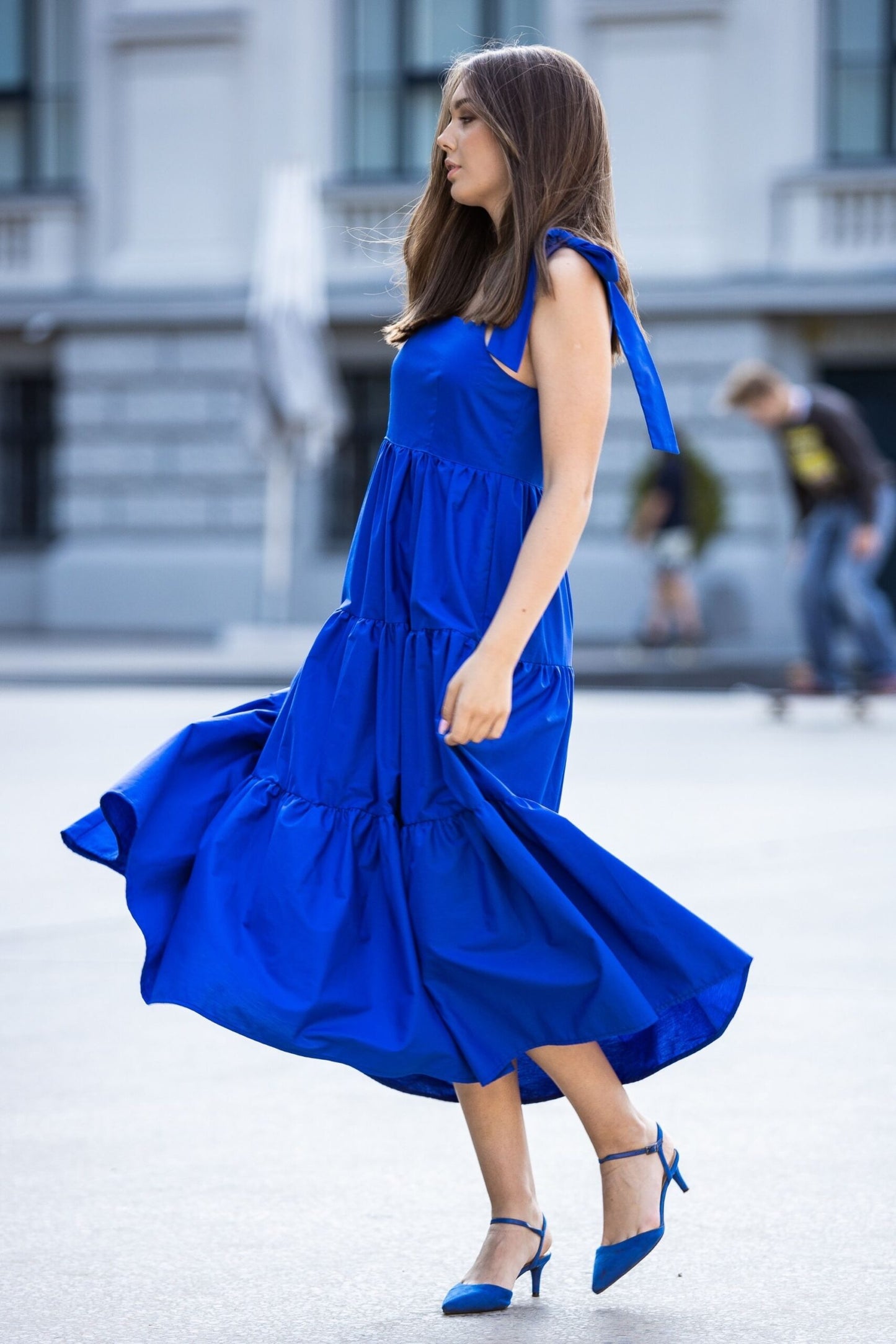 Blue cotton dress with bows