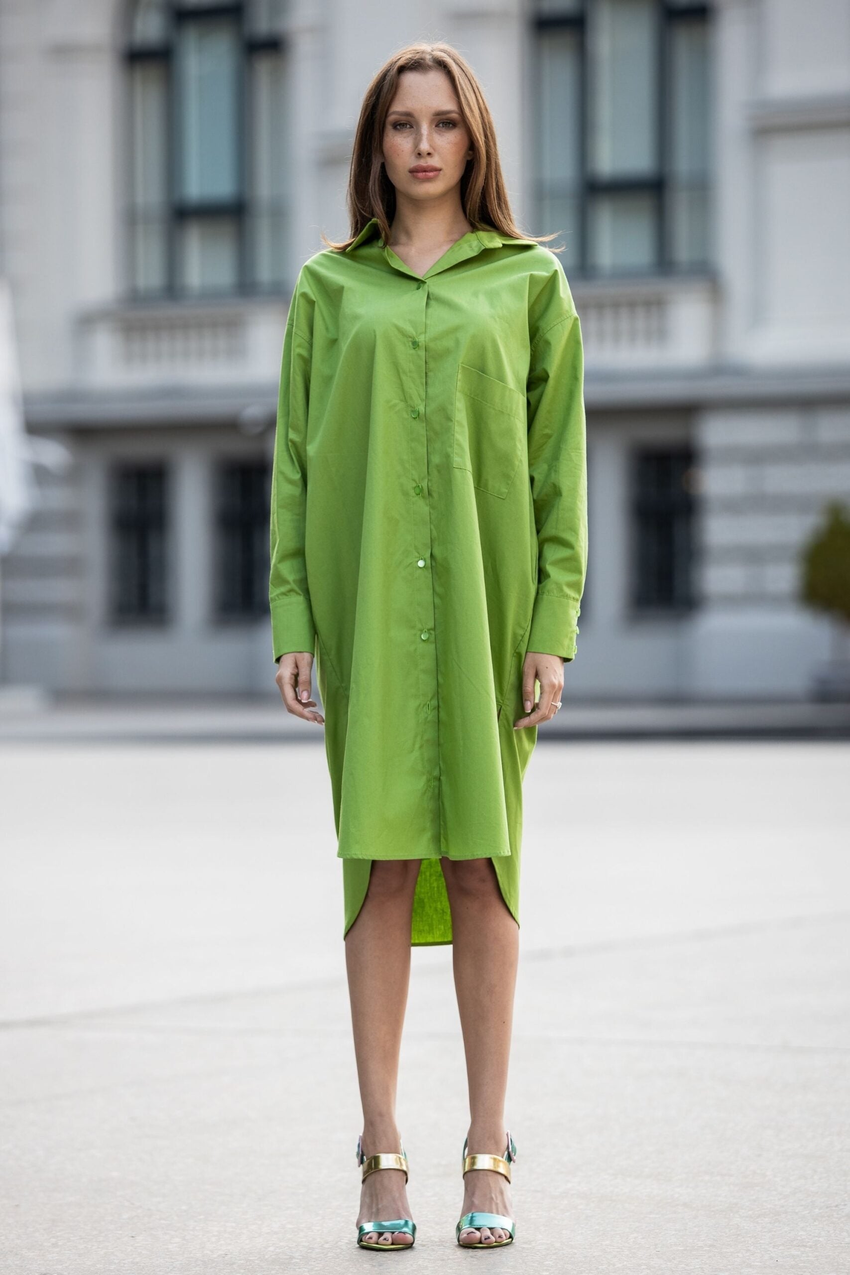 Organic cotton oversize shirt dress in light green color – GUNTINA Organic cotton oversize shirt dress in light green color – GUNTINA