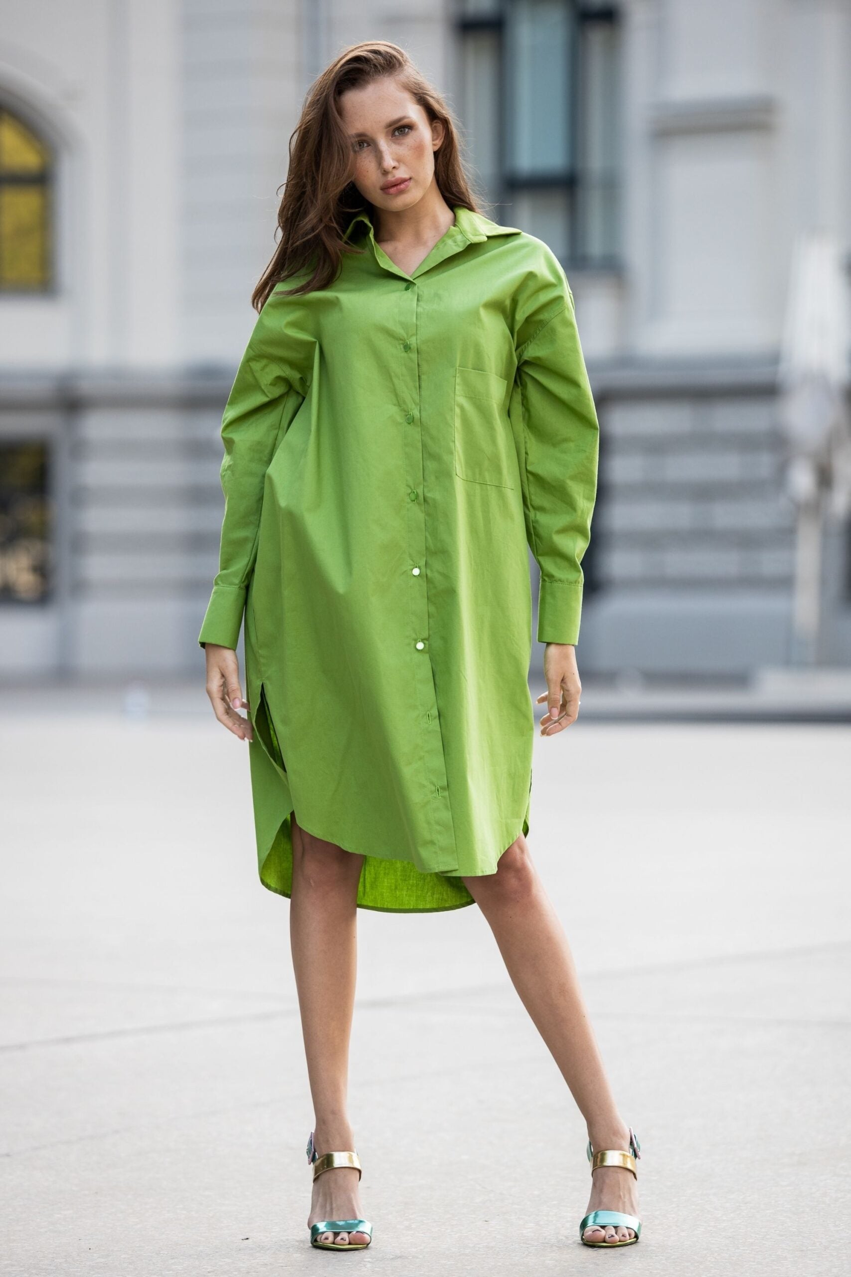 Organic cotton oversize shirt dress in light green color GUNTINA Organic cotton oversize shirt dress in light green color GUNTINA