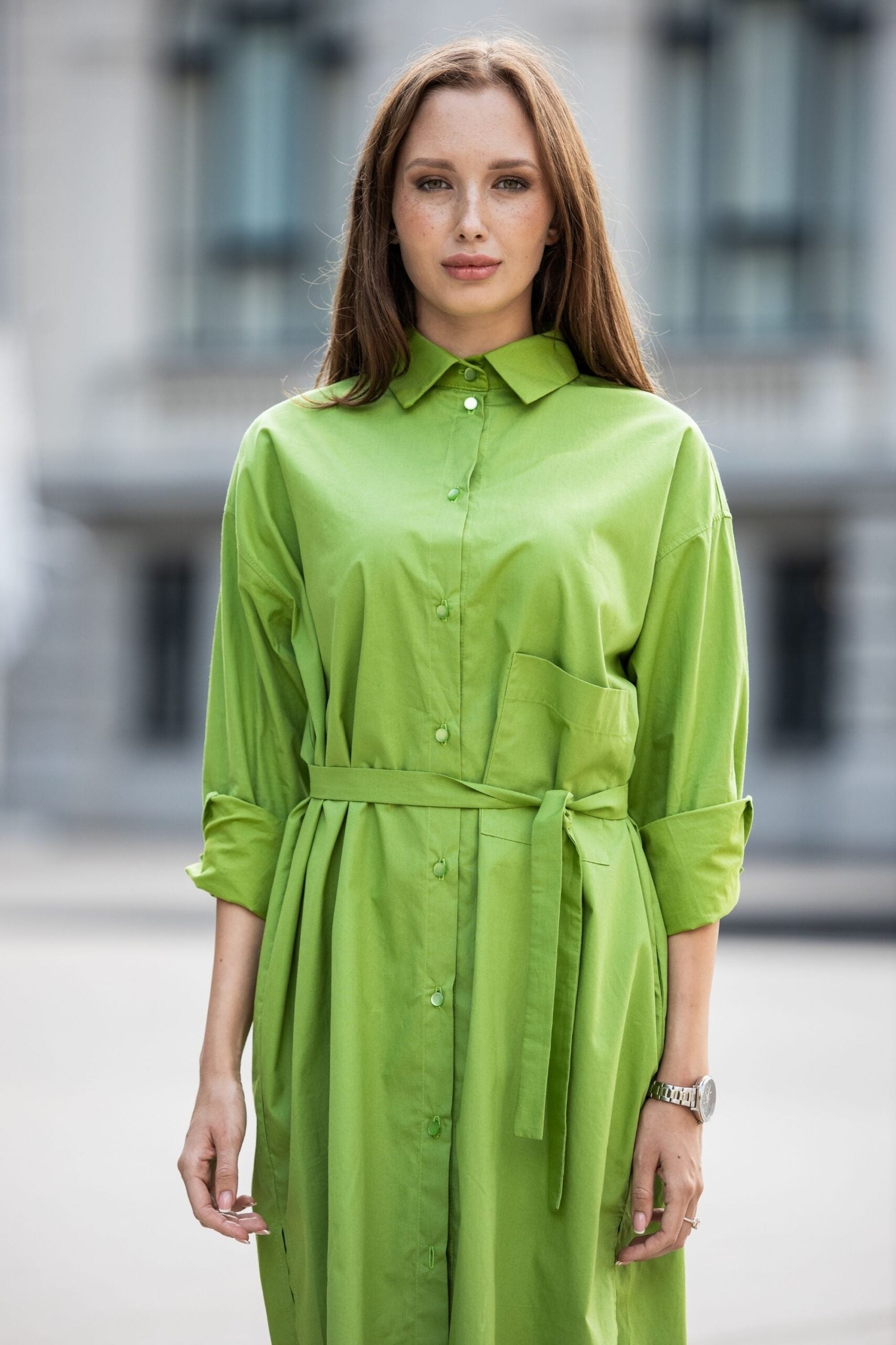 Organic cotton oversize shirt dress in light green color GUNTINA Organic cotton oversize shirt dress in light green color GUNTINA