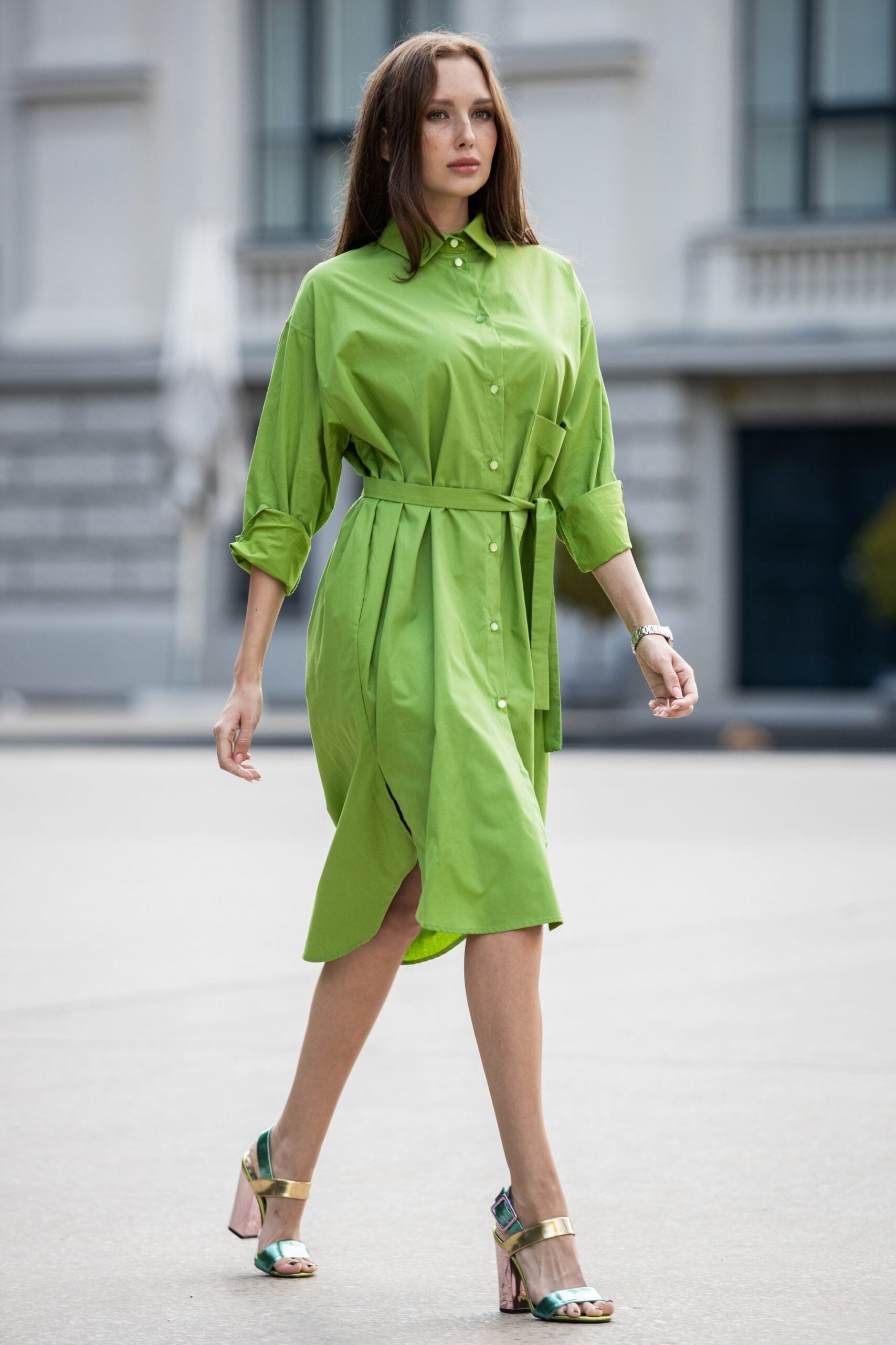 Organic cotton oversize shirt dress in light green color – GUNTINA Organic cotton oversize shirt dress in light green color – GUNTINA