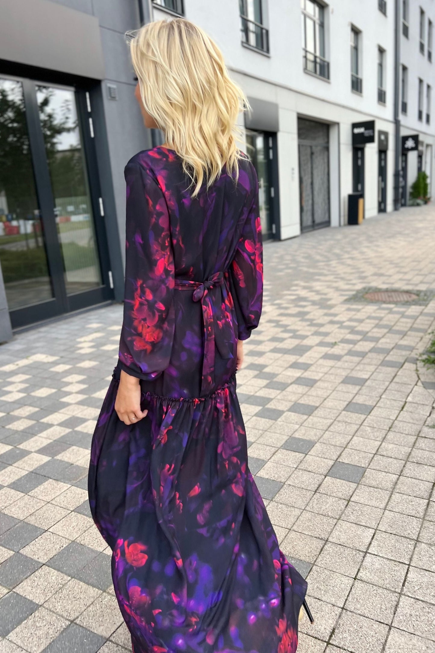 Chiffon Maxi dress in dark purple with flowers