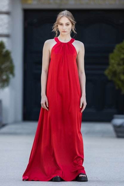 Rotes Abendkleid langes Maxikleid mit nacktem Rücken