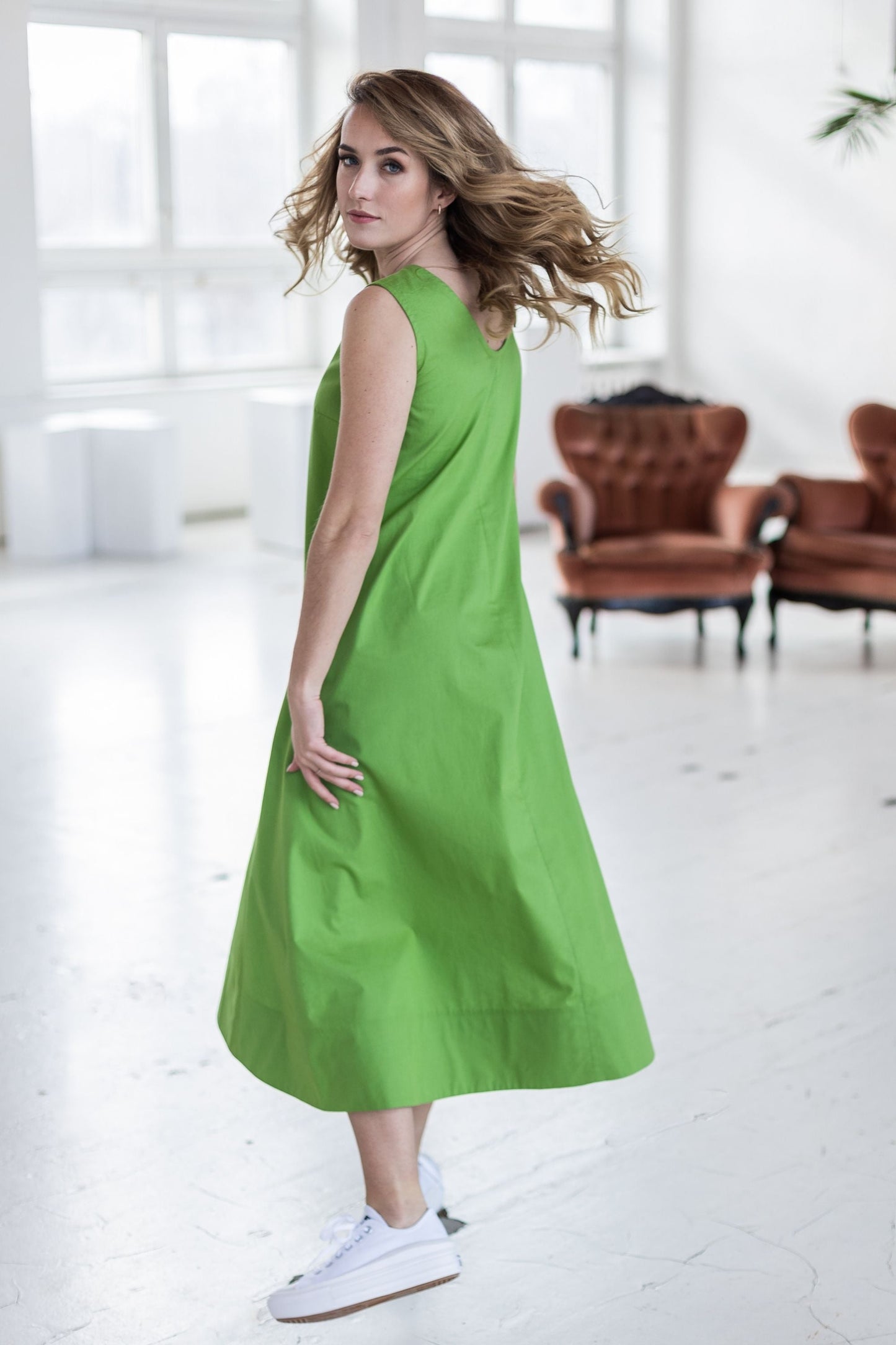 Green bell dress with pockets