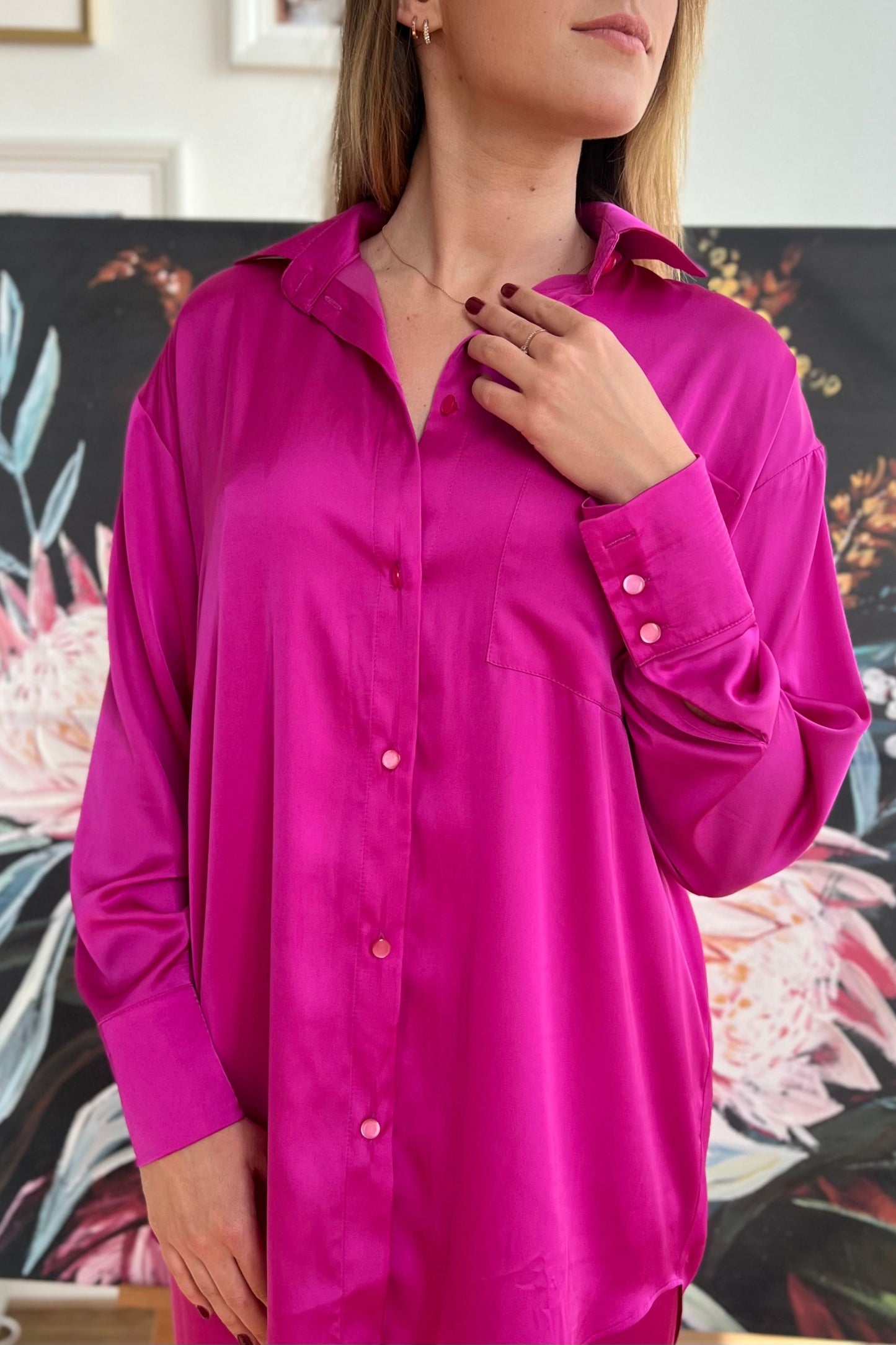 Fuchsia pink satin blouse
