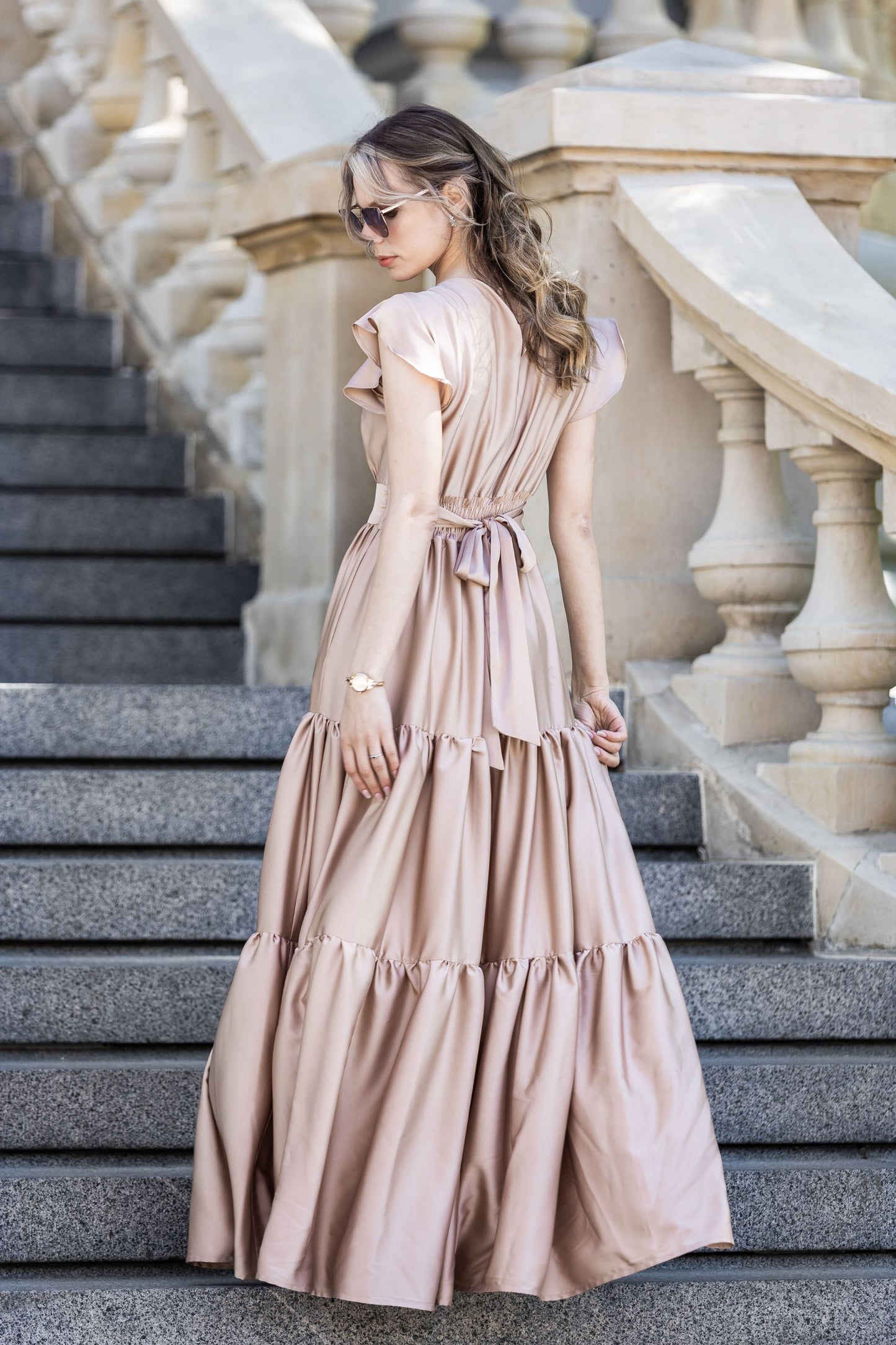 Festive, elegant, long maxi satin dress with ruffles