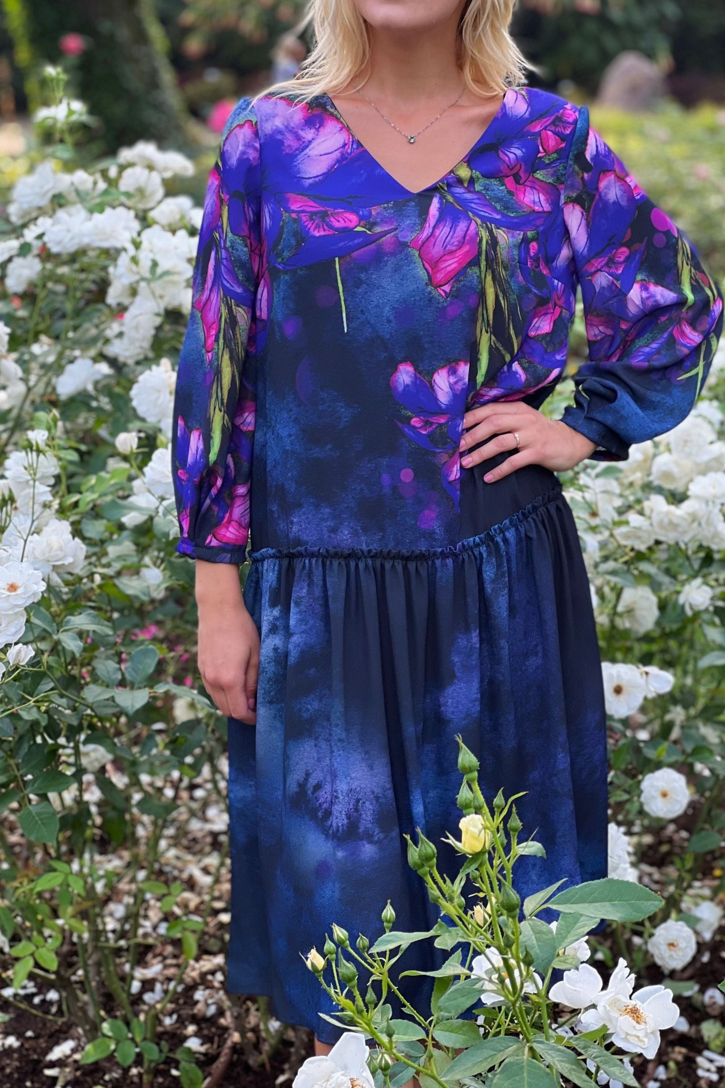 Chiffon dress in gray-purple tones with painted irises