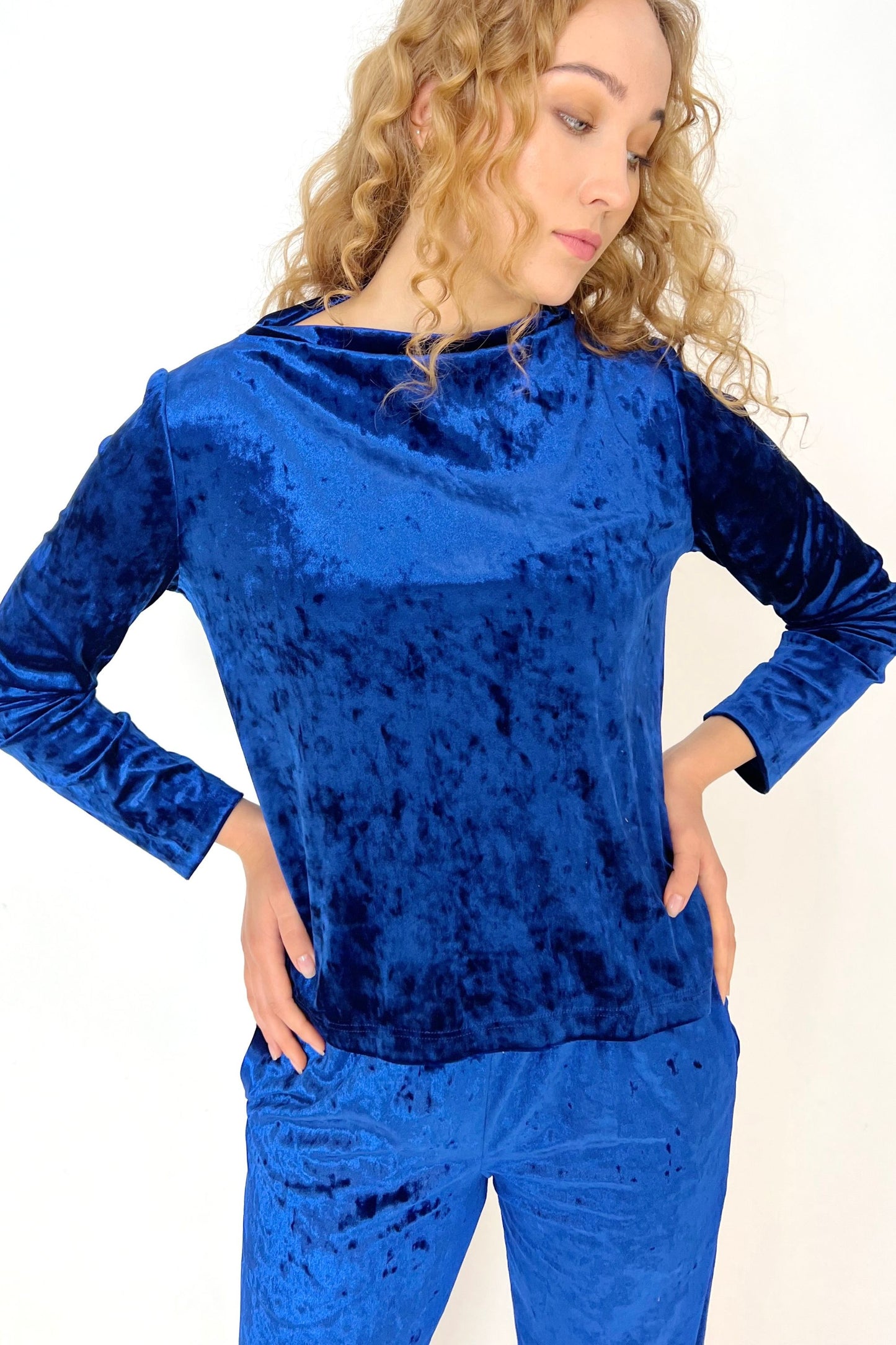Bright blue velvet long sleeve top