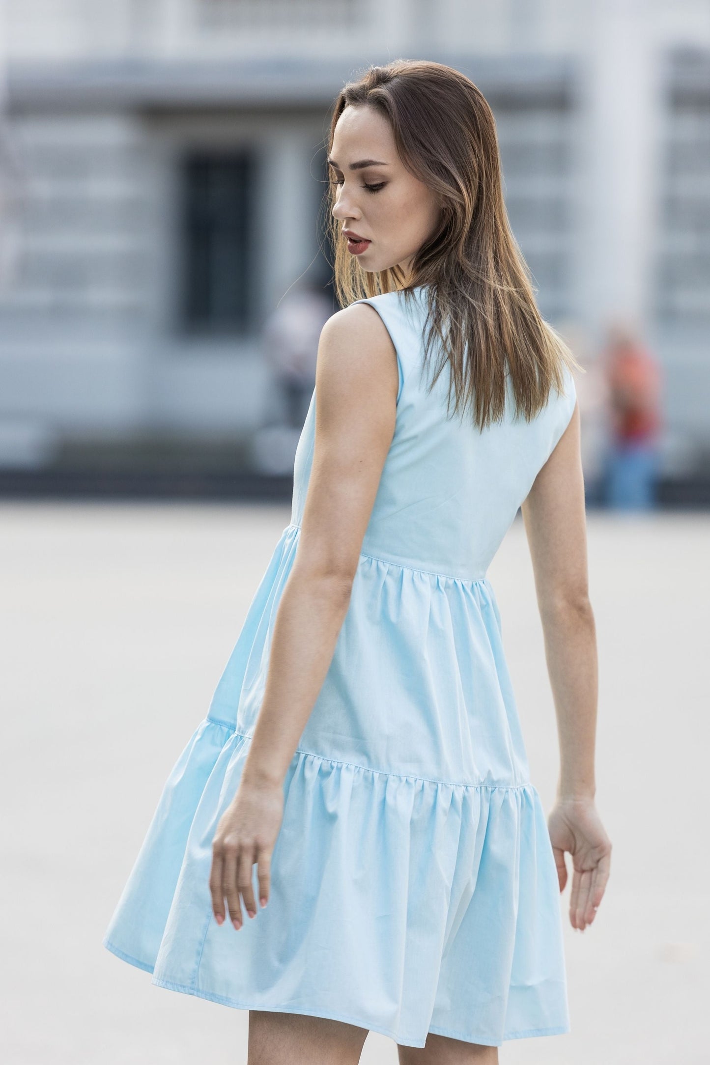 Light blue cotton mini dress with ruffles
