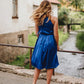 Half-length royal blue satin dress