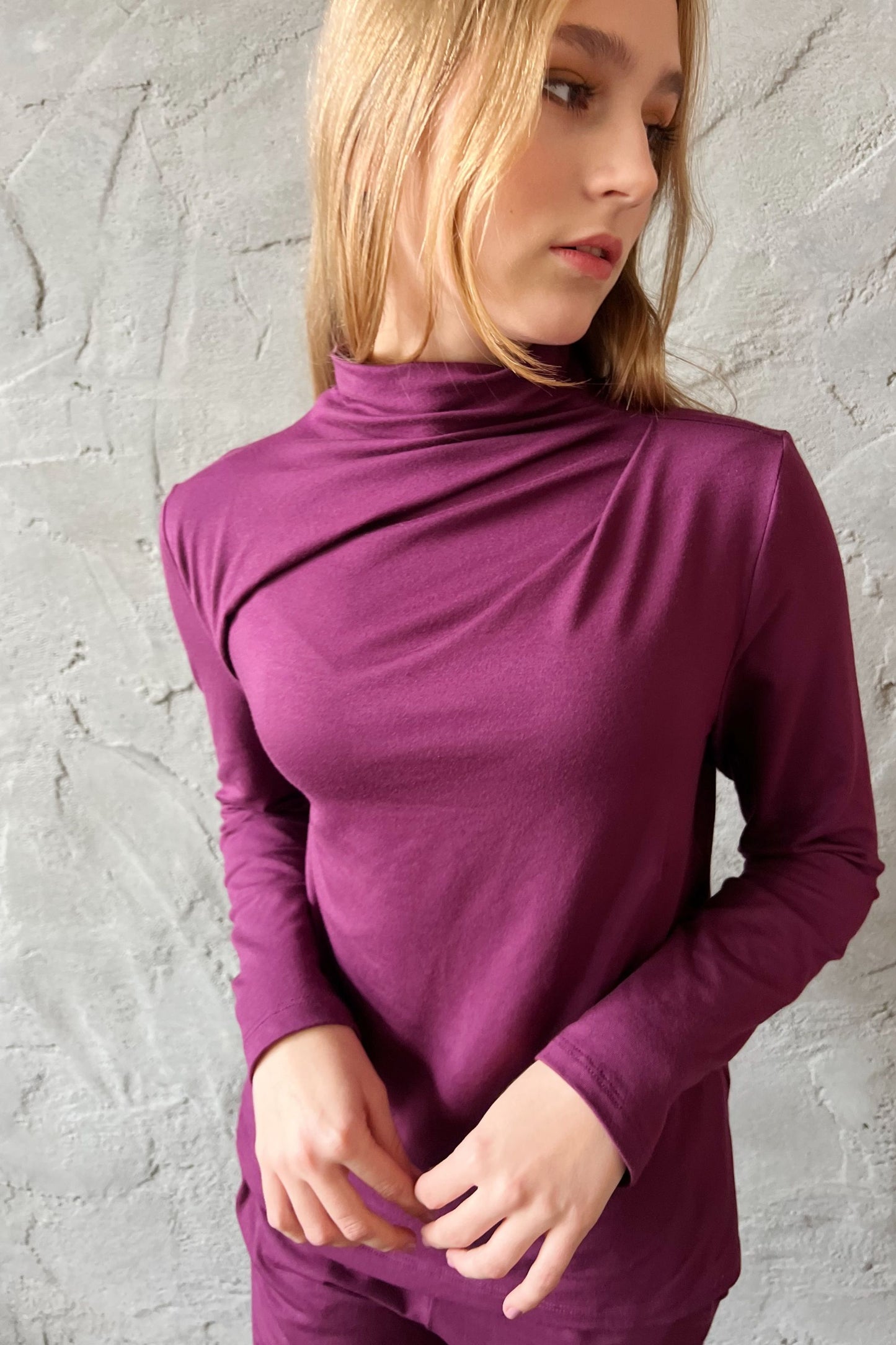 Purple pleated modal top