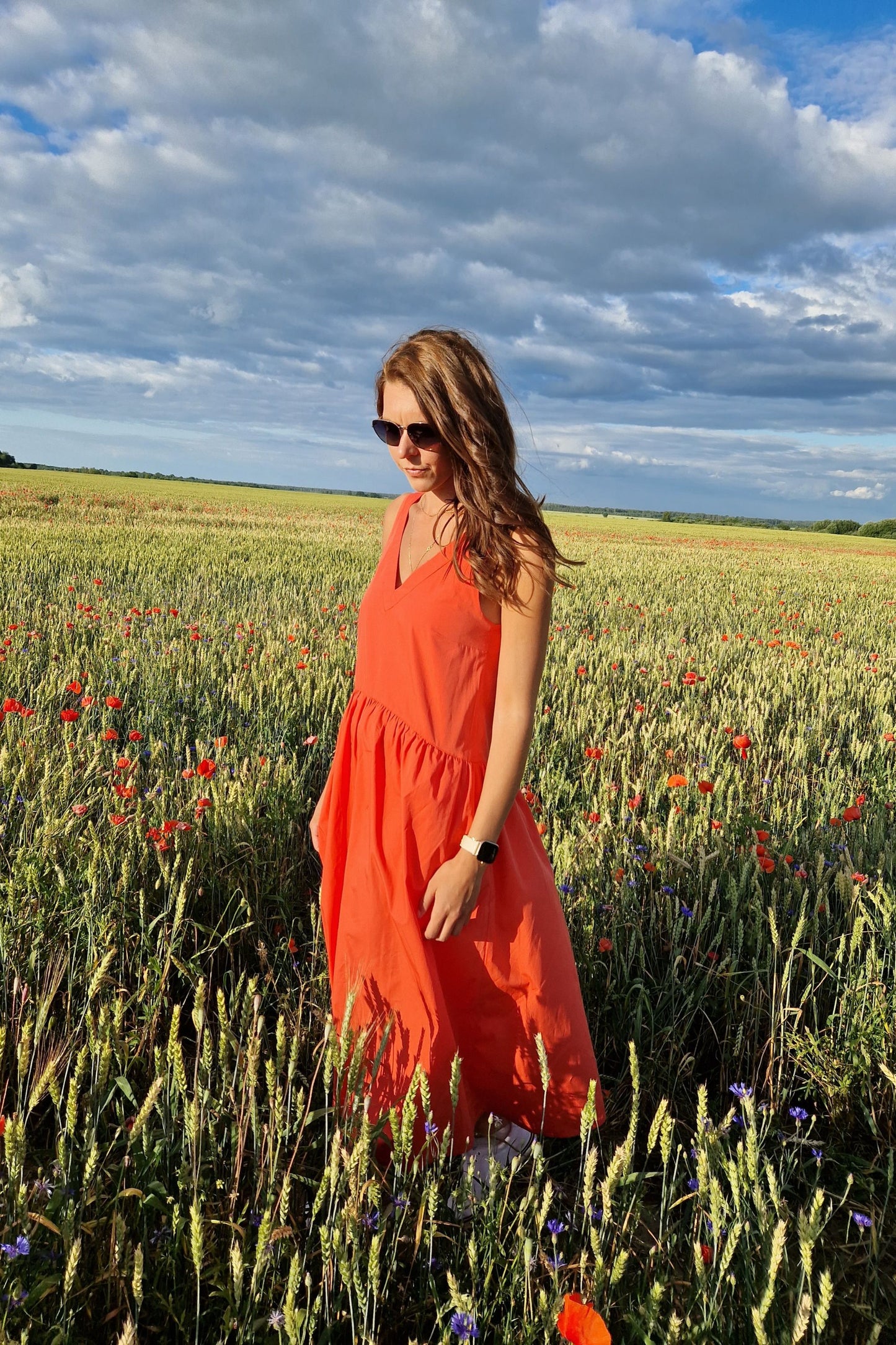 Organic cotton midi length summer dress in coral color GUNTINA Organic cotton midi length summer dress in coral color GUNTINA