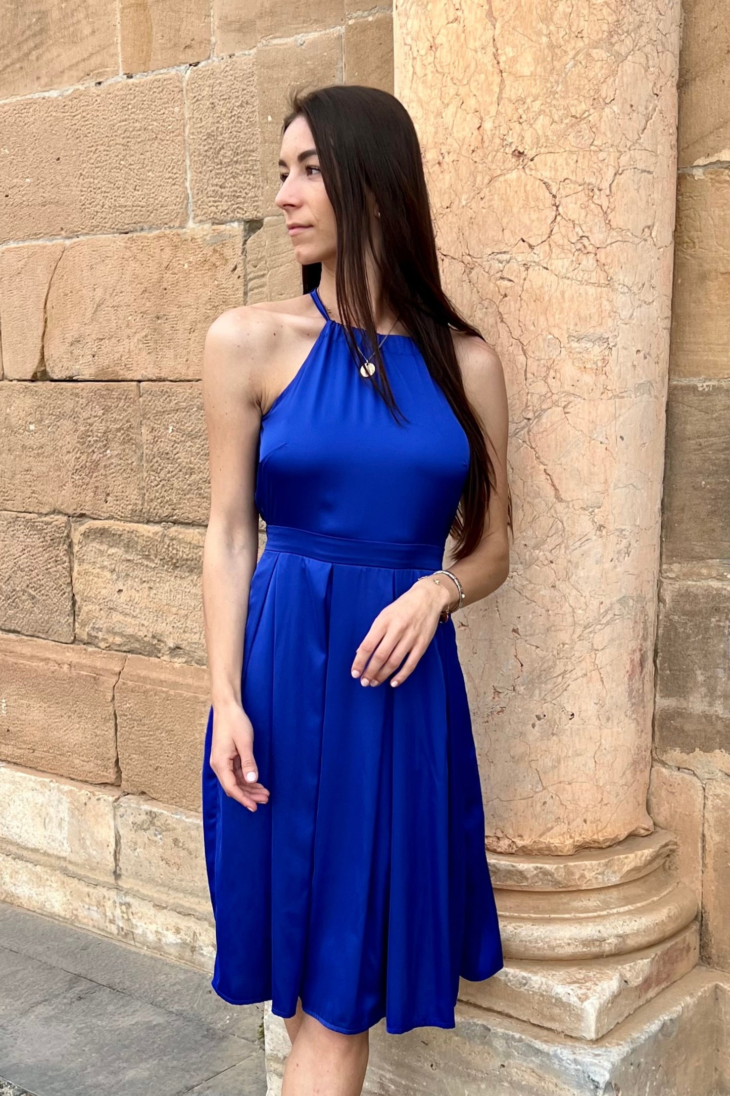 Half-length royal blue satin dress