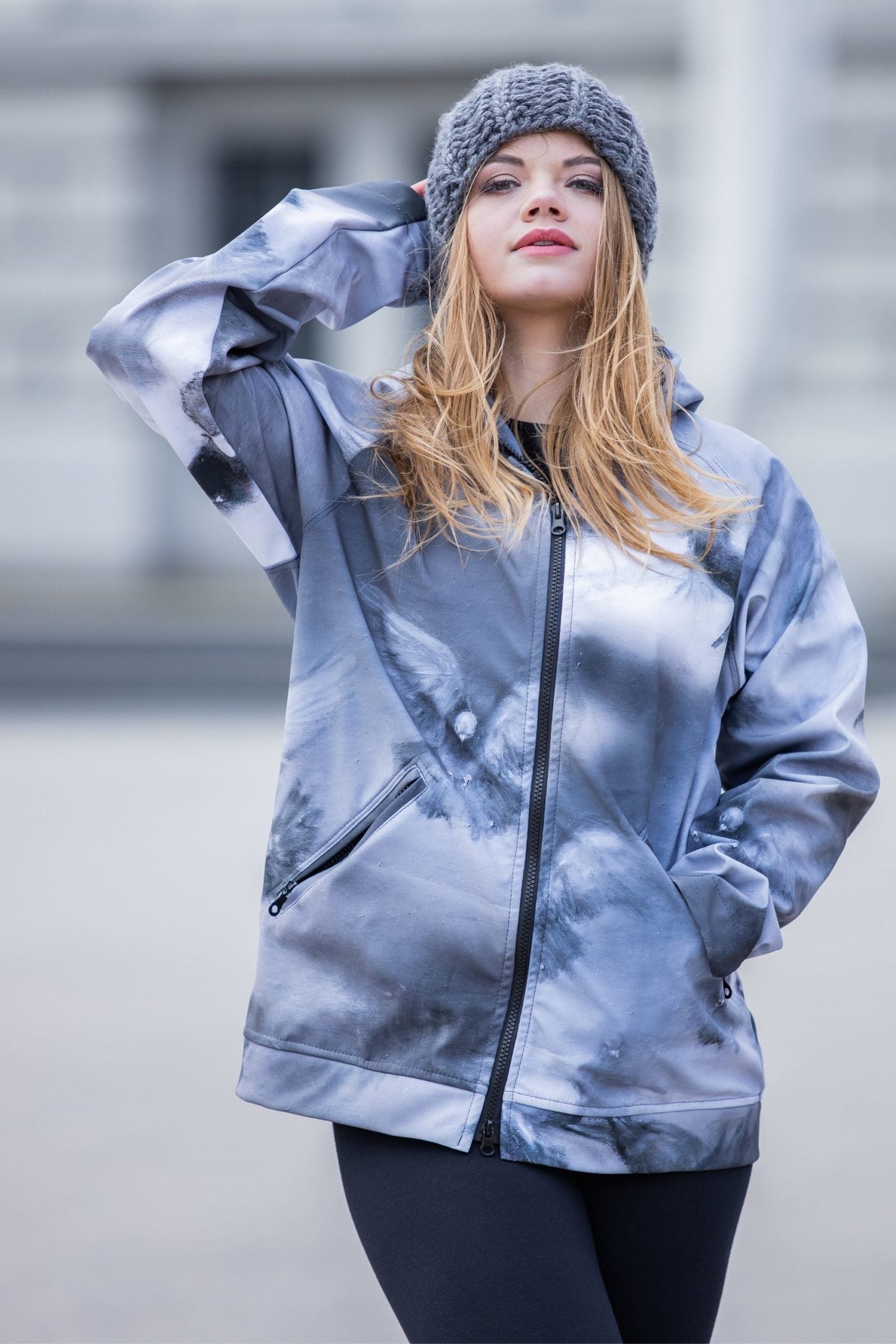 Softshell jacket with with gray pigeon print