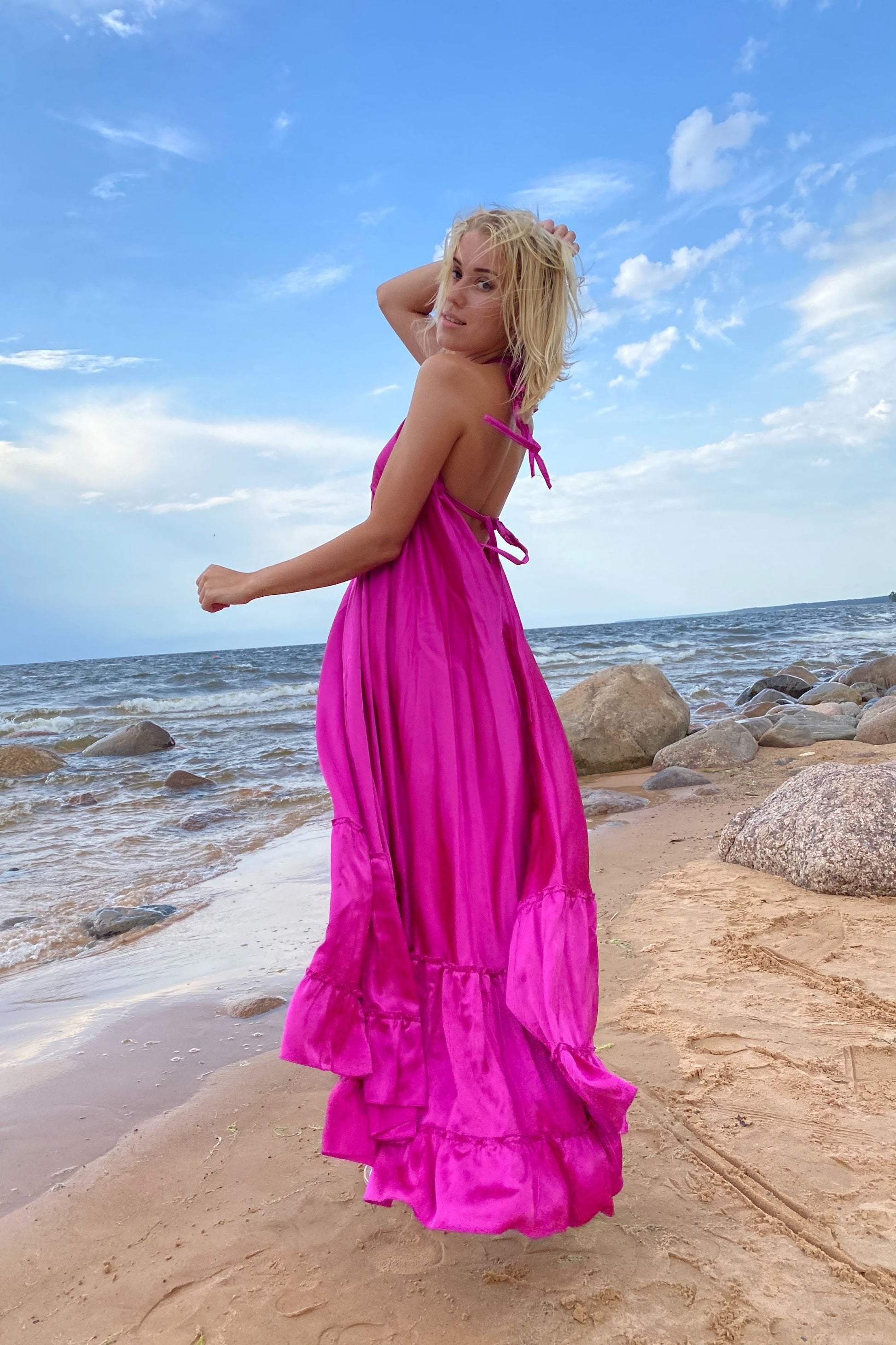 Bright Pink Long dress with narrow straps – GUNTINA