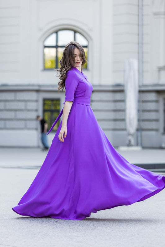 Purple maxi dress with circle skirt and separated belt