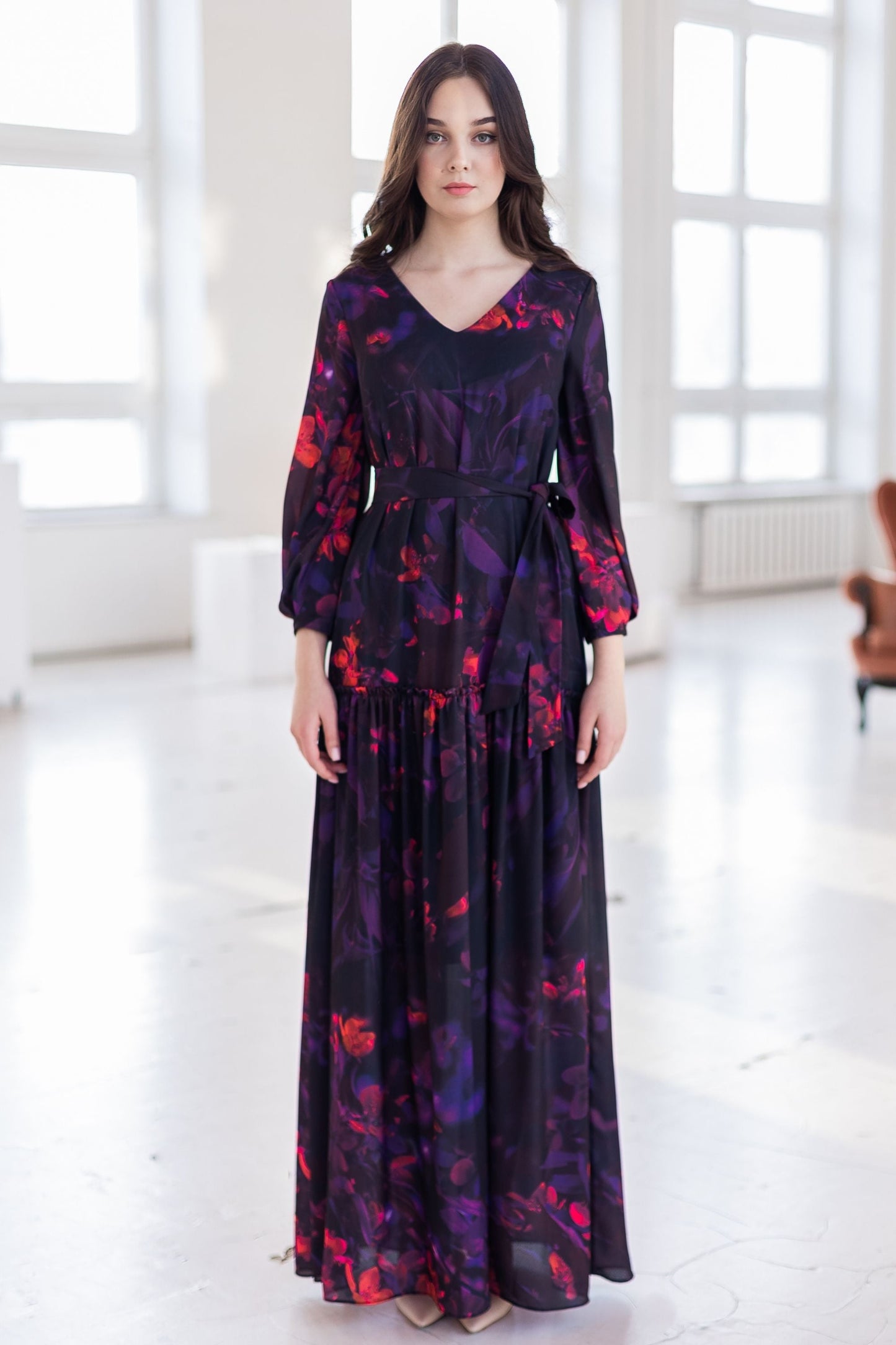 Chiffon Maxi dress in dark purple with flowers