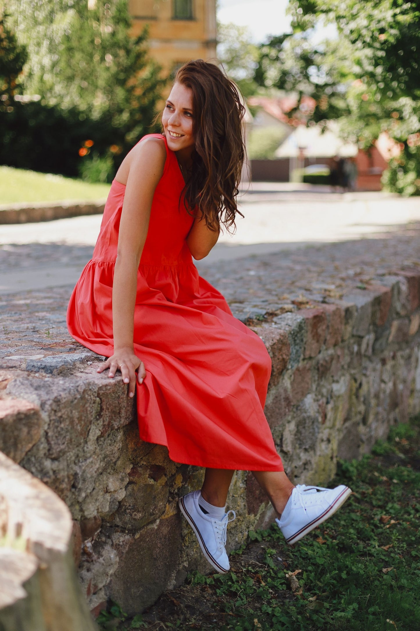 Organic cotton midi length summer dress in coral color GUNTINA Organic cotton midi length summer dress in coral color GUNTINA