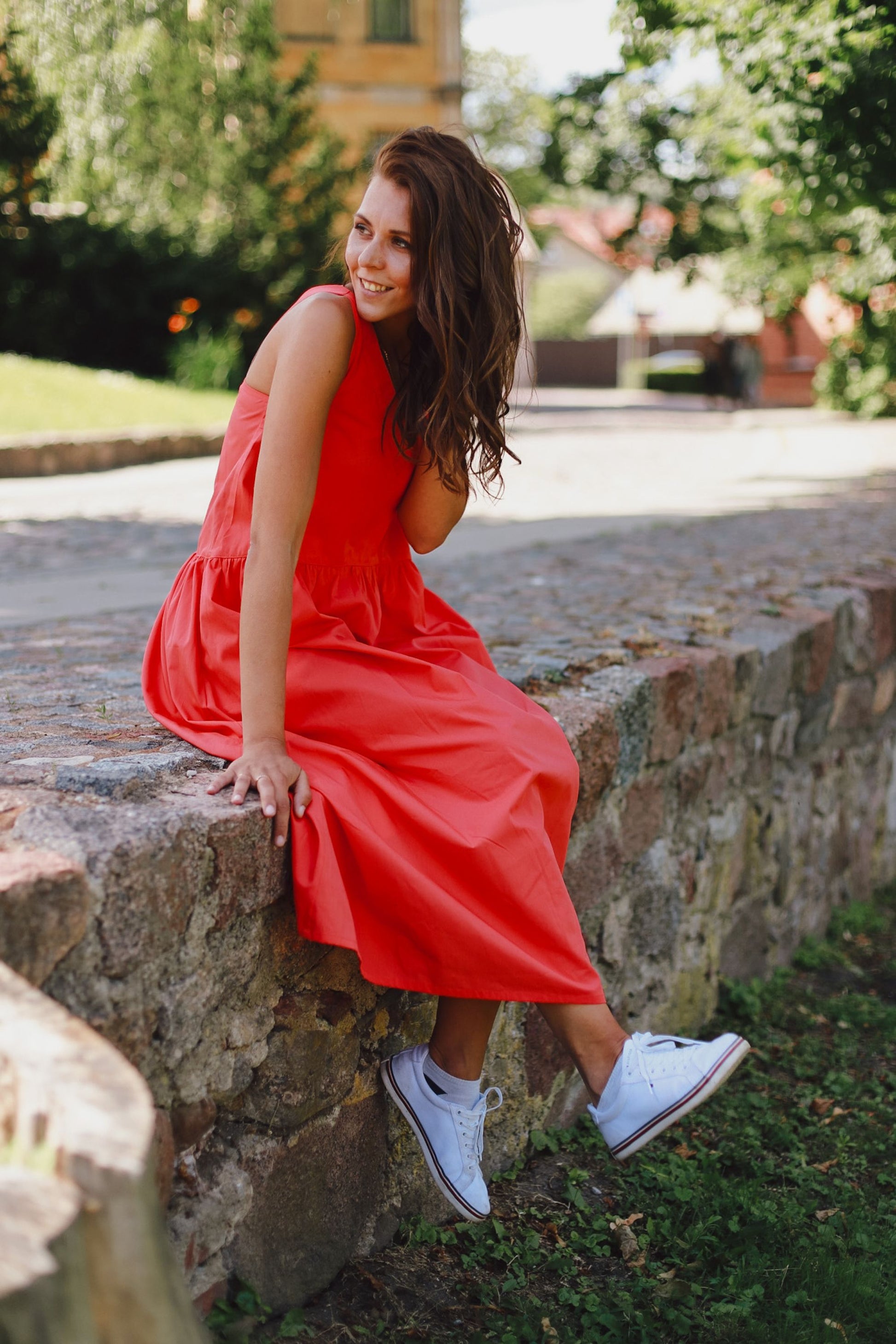 Organic cotton midi length summer dress in coral color – GUNTINA Organic cotton midi length summer dress in coral color – GUNTINA