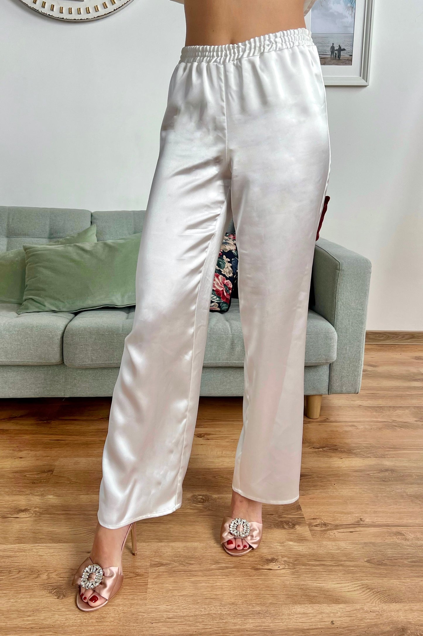 White summer satin trousers