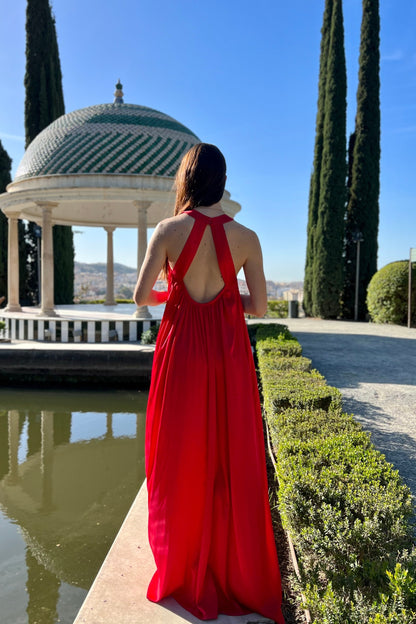 Rotes Abendkleid langes Maxikleid mit nacktem Rücken