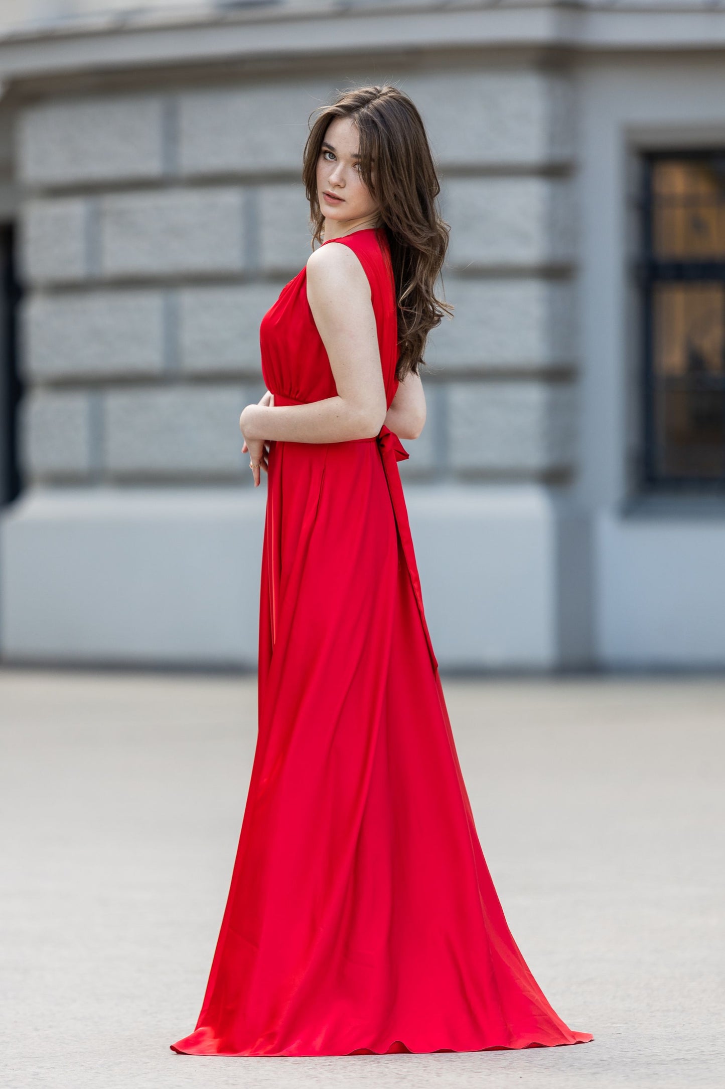 Red dress with a circle skirt and a tie bow
