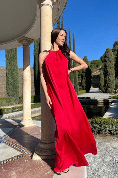 Rotes Abendkleid langes Maxikleid mit nacktem Rücken