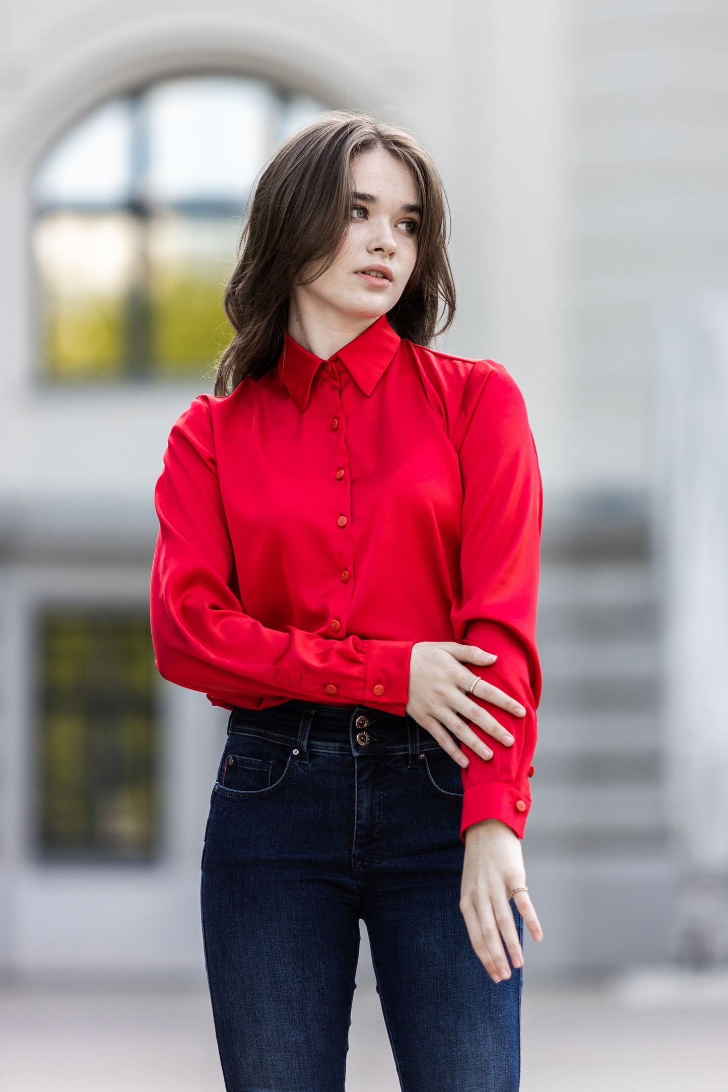 Classic red satin blouse with buttons and collar