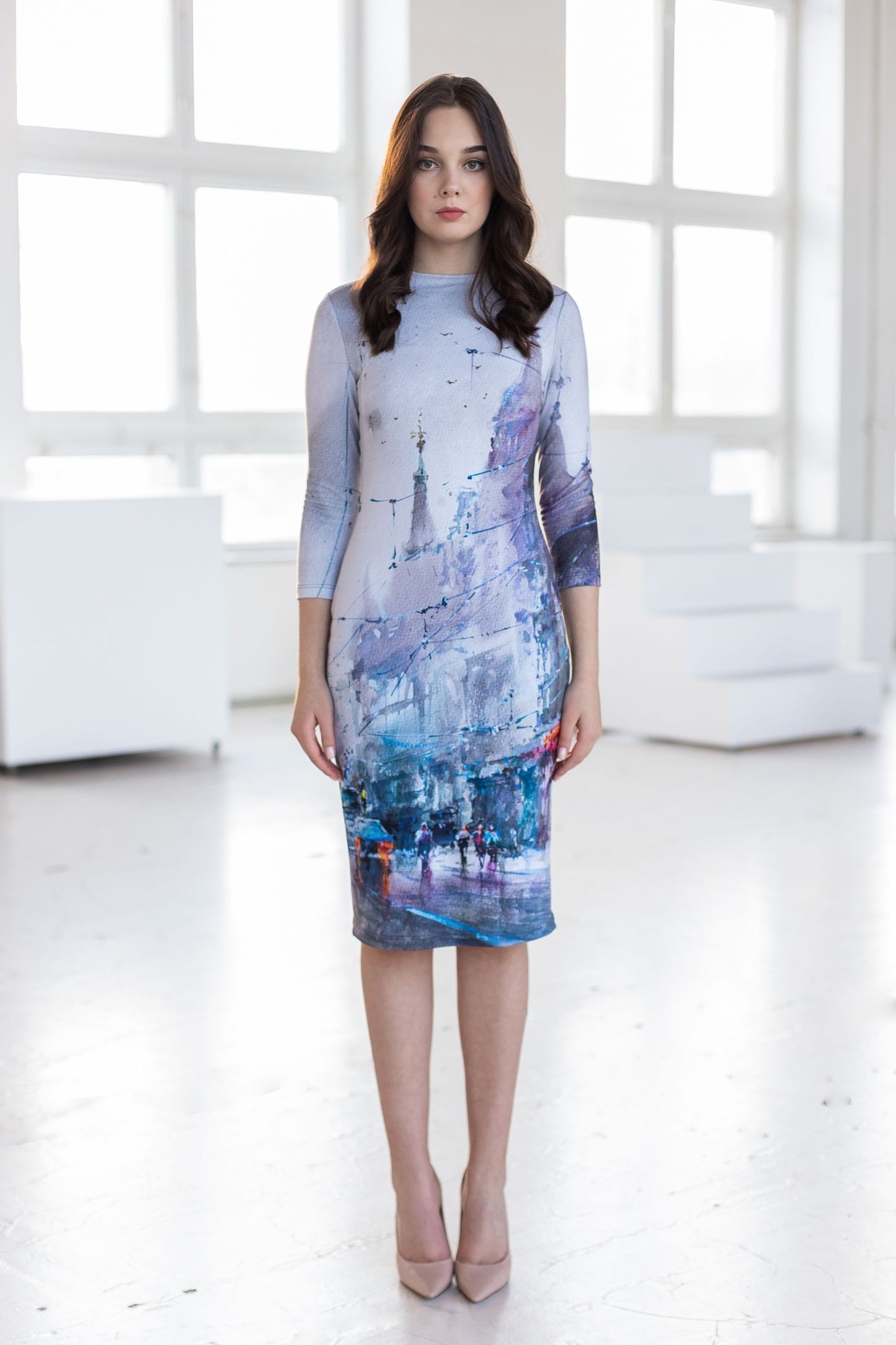 Half-length, tight-fitting dress with a painted view of Riga